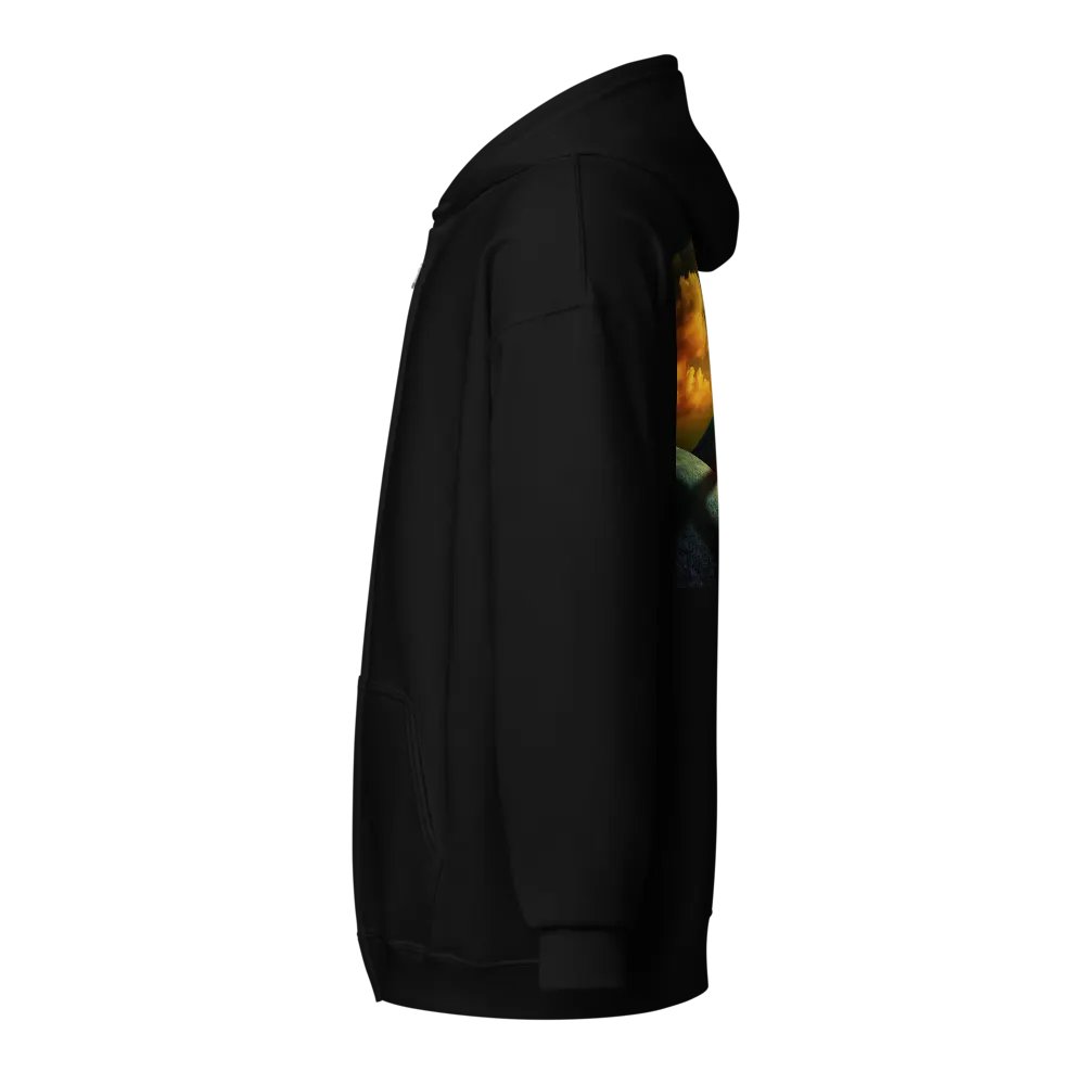 A cross standing prominently on a grassy hill, with a vivid, dramatic background Hoodie product image (3)