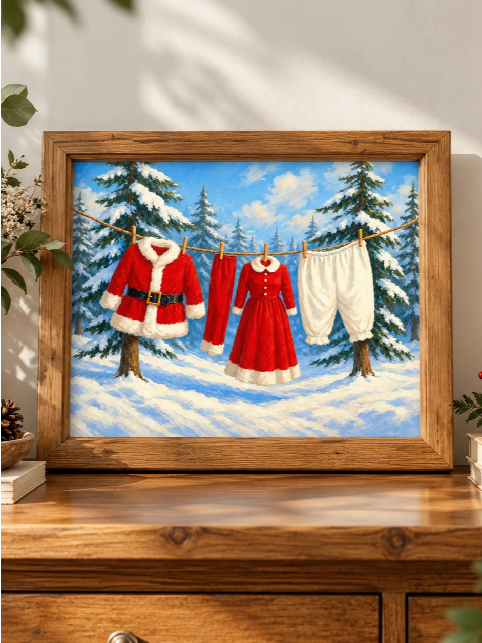Santa Clothesline Christmas Laundry Room Art, Funny Holiday Print, Whimsical Winter Poster, Snow Covered Forest Scene, Printable Wall Decor product image (1)