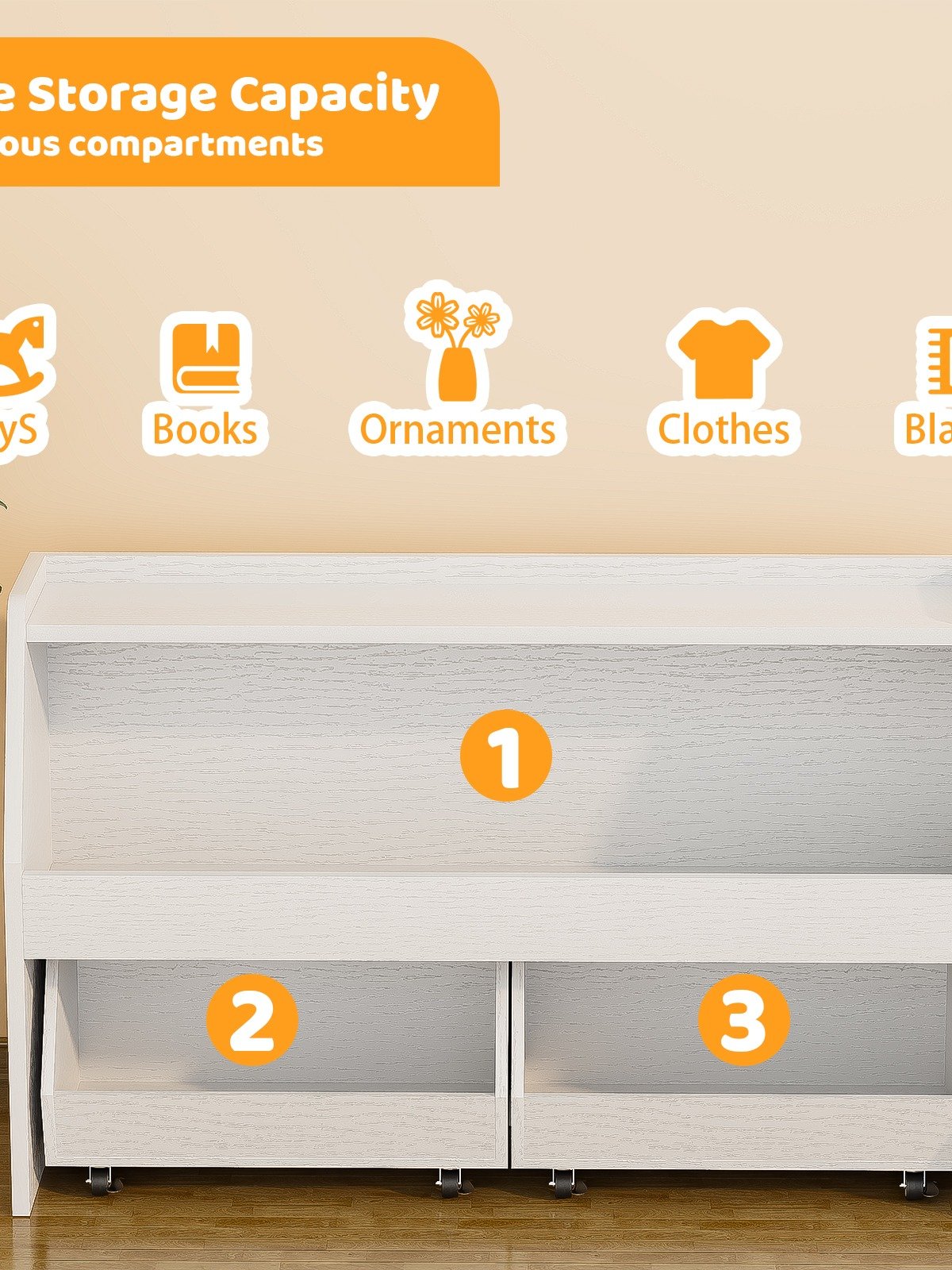 2-Tier Portable Toy Storage, Kids Toy Organizer W/2 Removable Bins with 4 Wheels（White) product image (7)