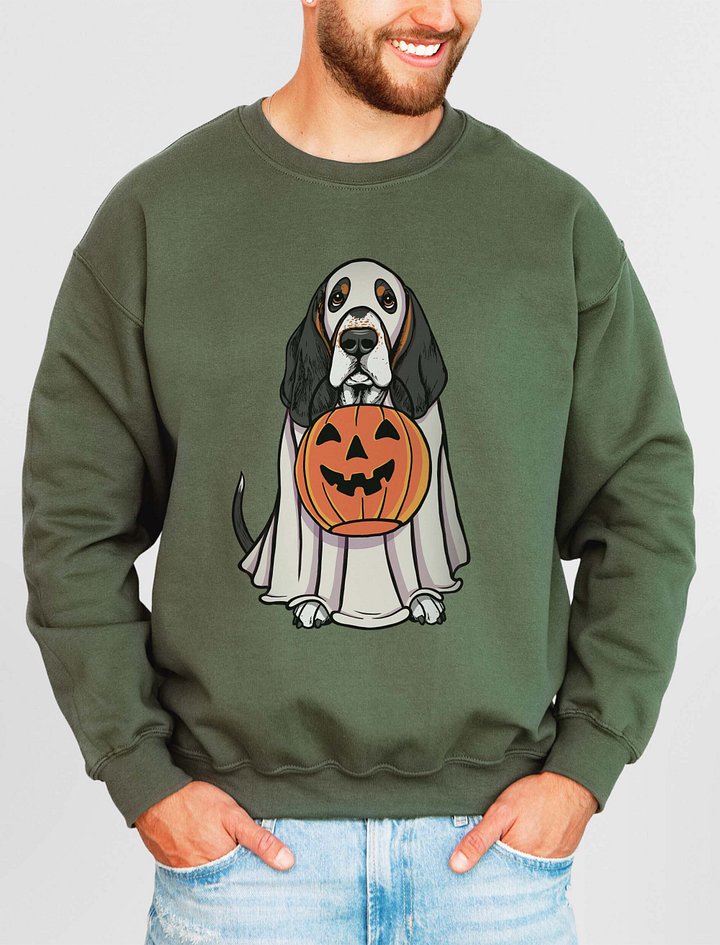 Funny Halloween Basset Hound(Tricolor) Sweatshirt | Funny Basset Hound Wearing a Ghost Costume and Holding a Pumpkin Basket product image (2)