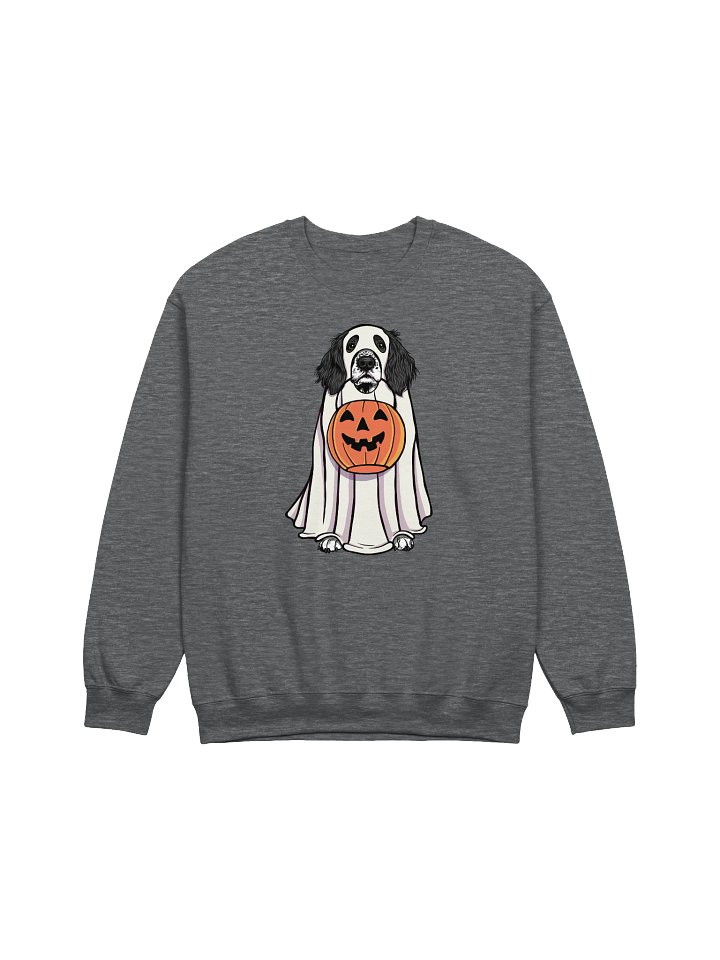 Funny Halloween Springer Spaniel(Black) Sweatshirt | Funny Springer Spaniel Wearing a Ghost Costume and Holding a Pumpkin Basket product image (1)
