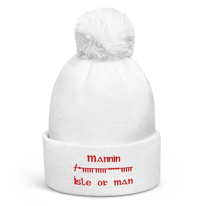 Isle of Man/Mannin Scholastic style Ogham, white with red, embroidered Pom-Pom Beanie product image (1)