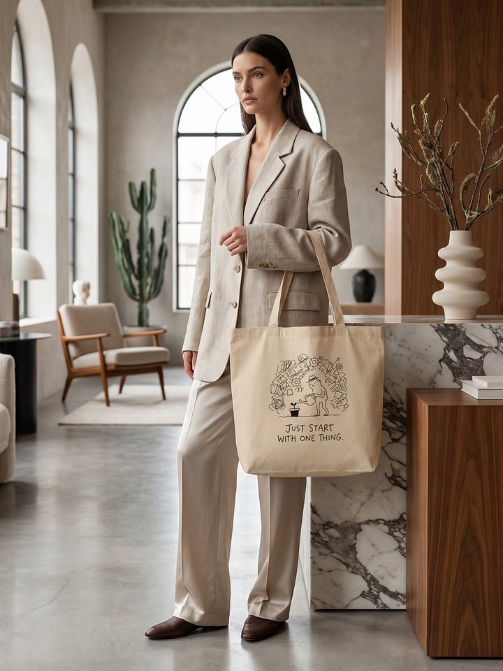 Just Start With One Thing Tote Bag, Burnout Recovery Minimalist Tote, Mental Health Aesthetic Bag, Gentle Progress Gift, Self Care Lifestyle Tote, Overthinker Shoulder Bag product image (2)