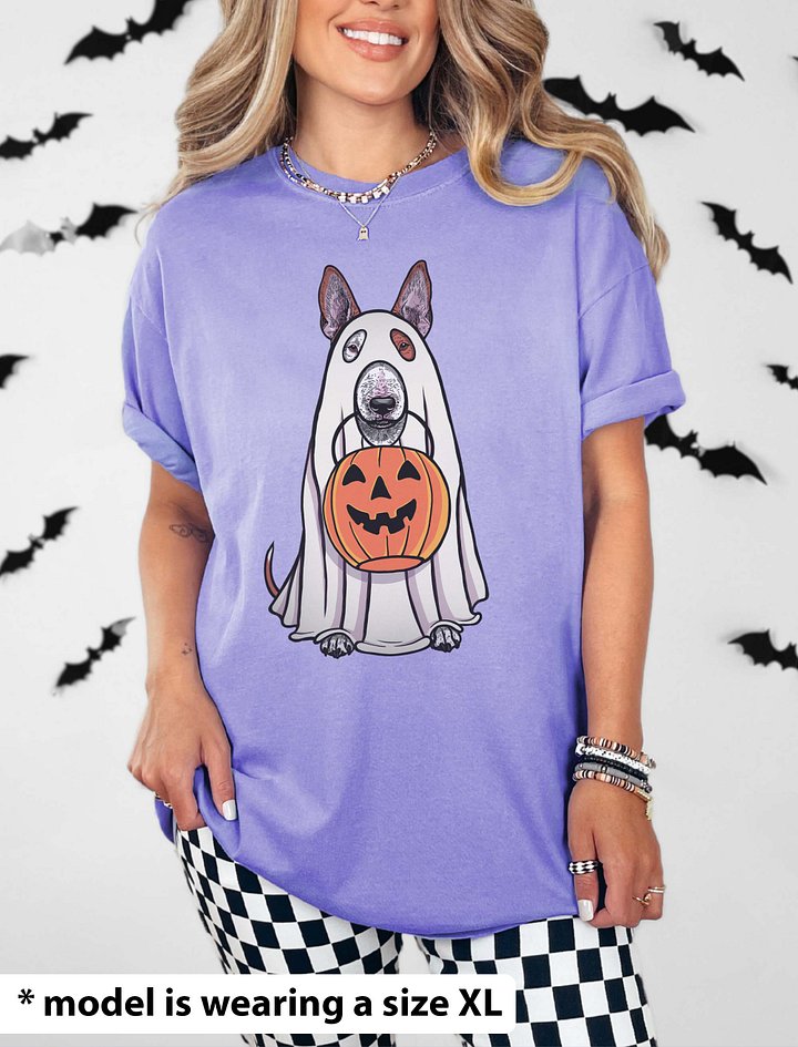 Funny Halloween Bull Terrier(Red) T-Shirt | Funny Dog Wearing a Ghost Costume and Holding a Pumpkin Basket product image (2)