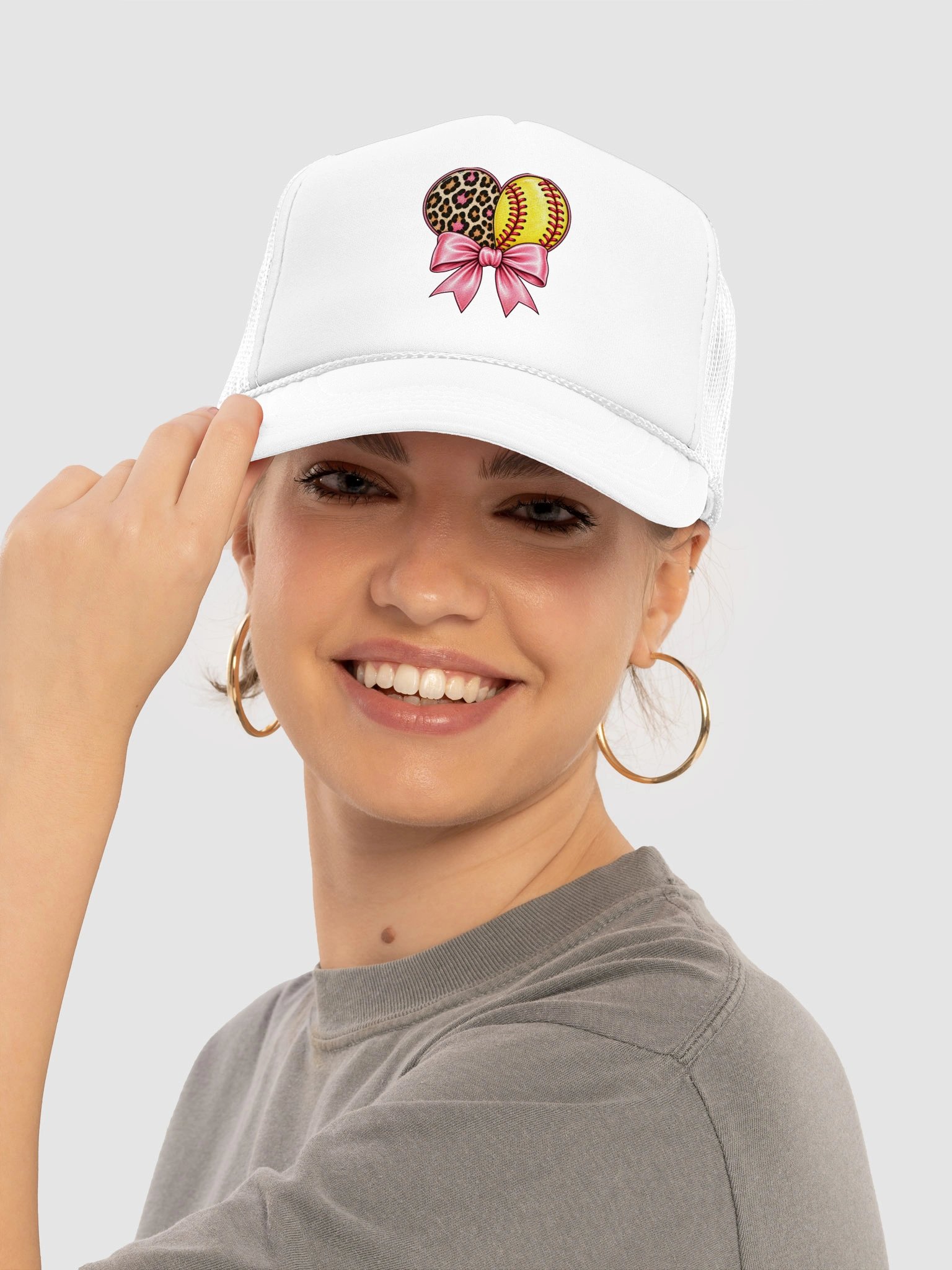 Softball Mom Heart Trucker Hat | Leopard Heart & Pink Bow Cap product image (1)