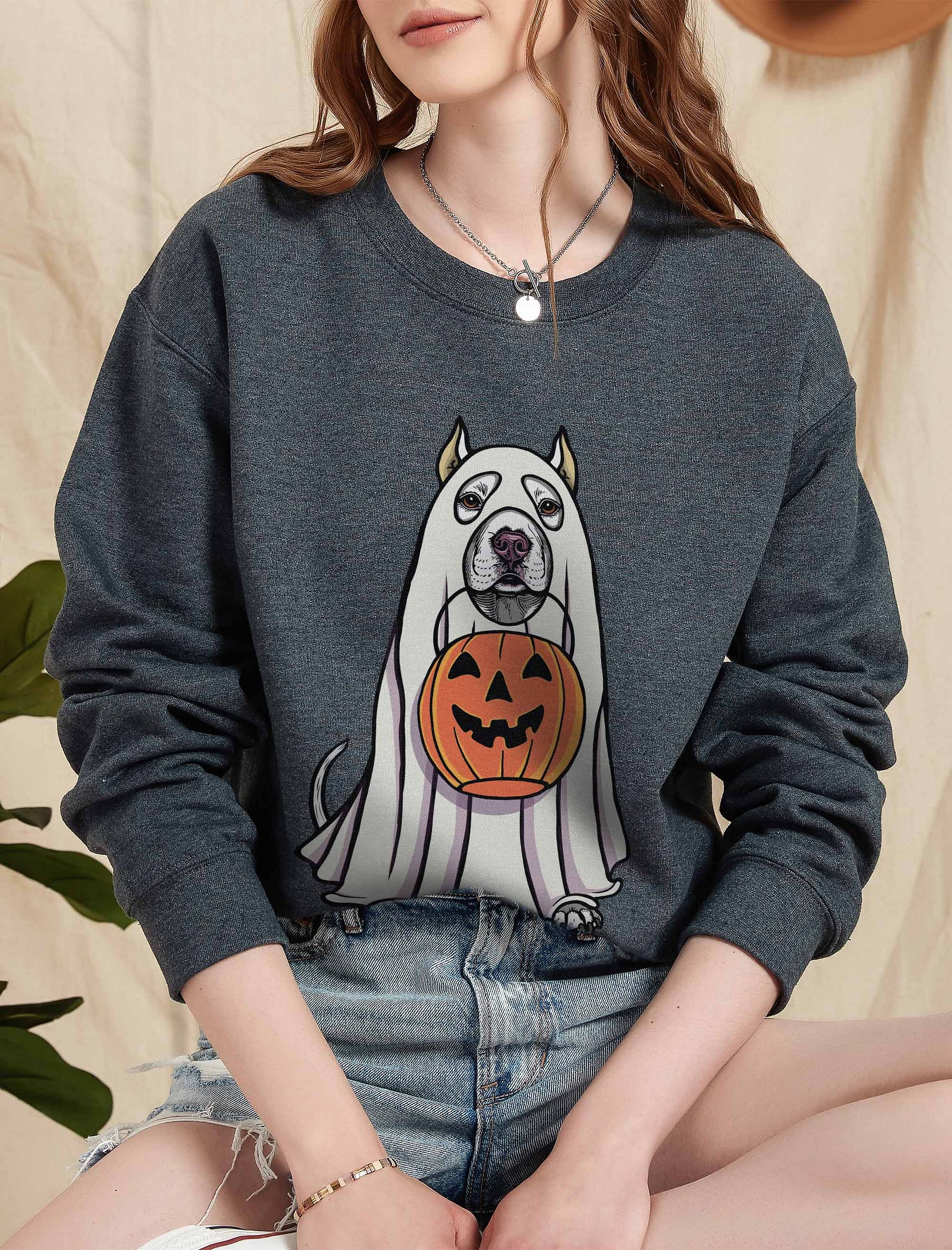 Funny Halloween Pitbull Terrier(Cropped Ears) Sweatshirt | Funny Pittie Wearing a Ghost Costume and Holding a Pumpkin Basket product image (2)