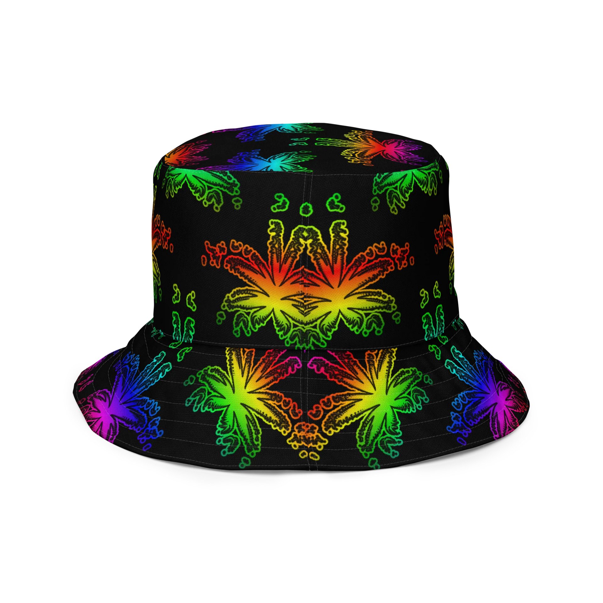 Rad Rainbow Reefer Reversible Bucket Hat, Happy Pride Pot Leaf Pattern Fashion Accessory, Colorful Queer Twisted Weed Leaves LGBTQIA+ Art product image (7)