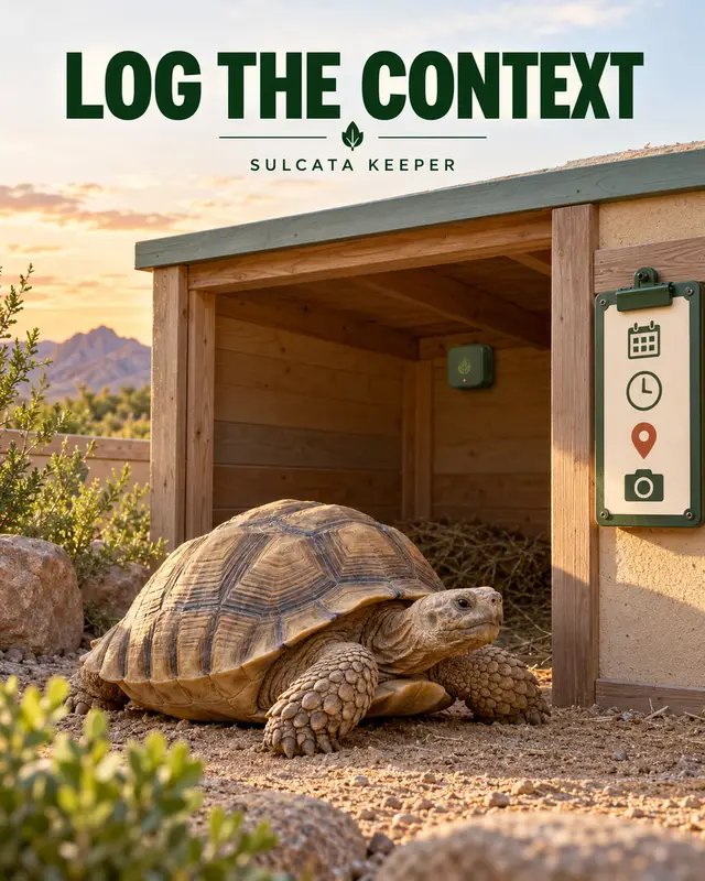 A number without context can be hard to compare later. When you record enclosure conditions, note the date, time, sensor location, equipment used, and anything that changed in the setup. A reading from the shelter floor, outdoor shade, or another part of the enclosure describes that specific place and moment. Take a quick photo of sensor placement after moving or replacing equipment. Keep the log with other care records, and bring concerning patterns to a reptile veterinarian. The record supports care decisions; it does not diagnose illness. https://www.sulcatakeeper.com #SulcataKeeper #CareRecords #TortoiseCare