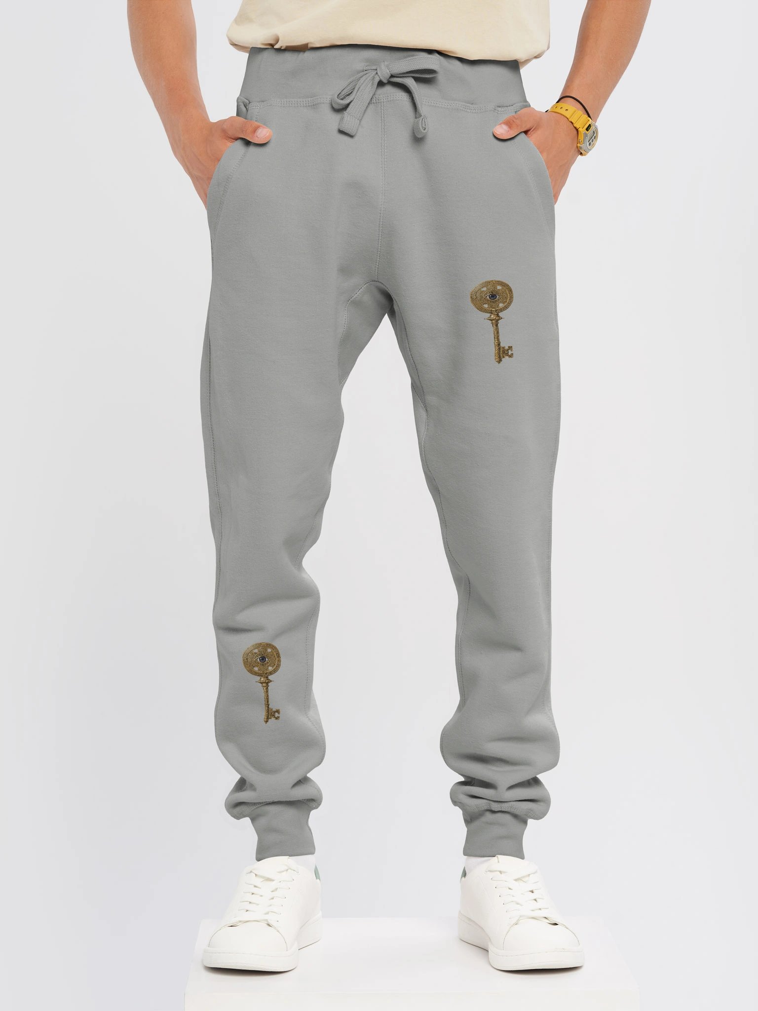 The Gatekeeper’s Key Fleece Joggers – Diagonal Dual Leg Print | Heather Grey | product image (3)