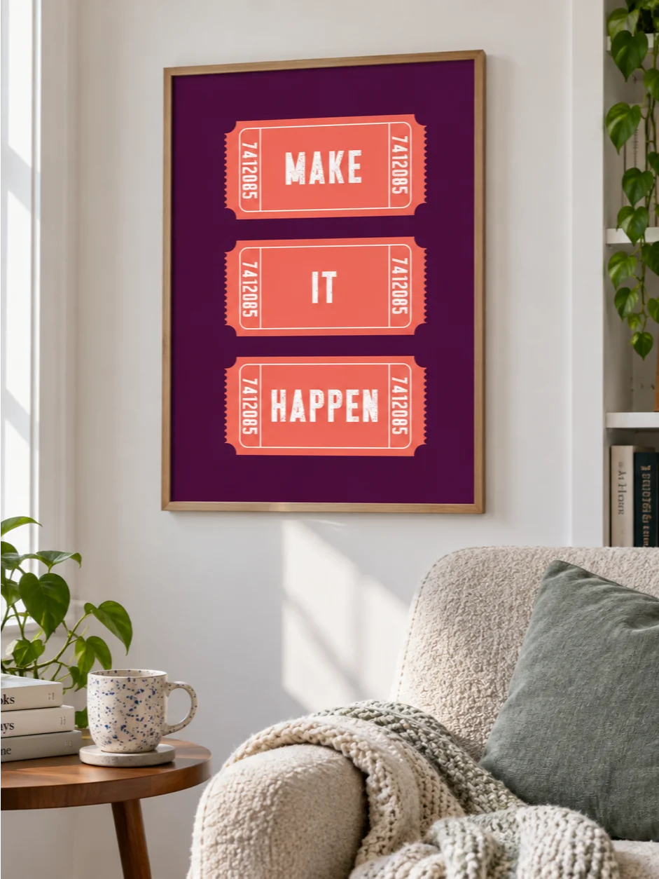 Make It Happen Motivational Poster, Retro Ticket Design, Purple Coral Typography Wall Art, Distressed Lettering, Printable Inspirational Art product image (9)
