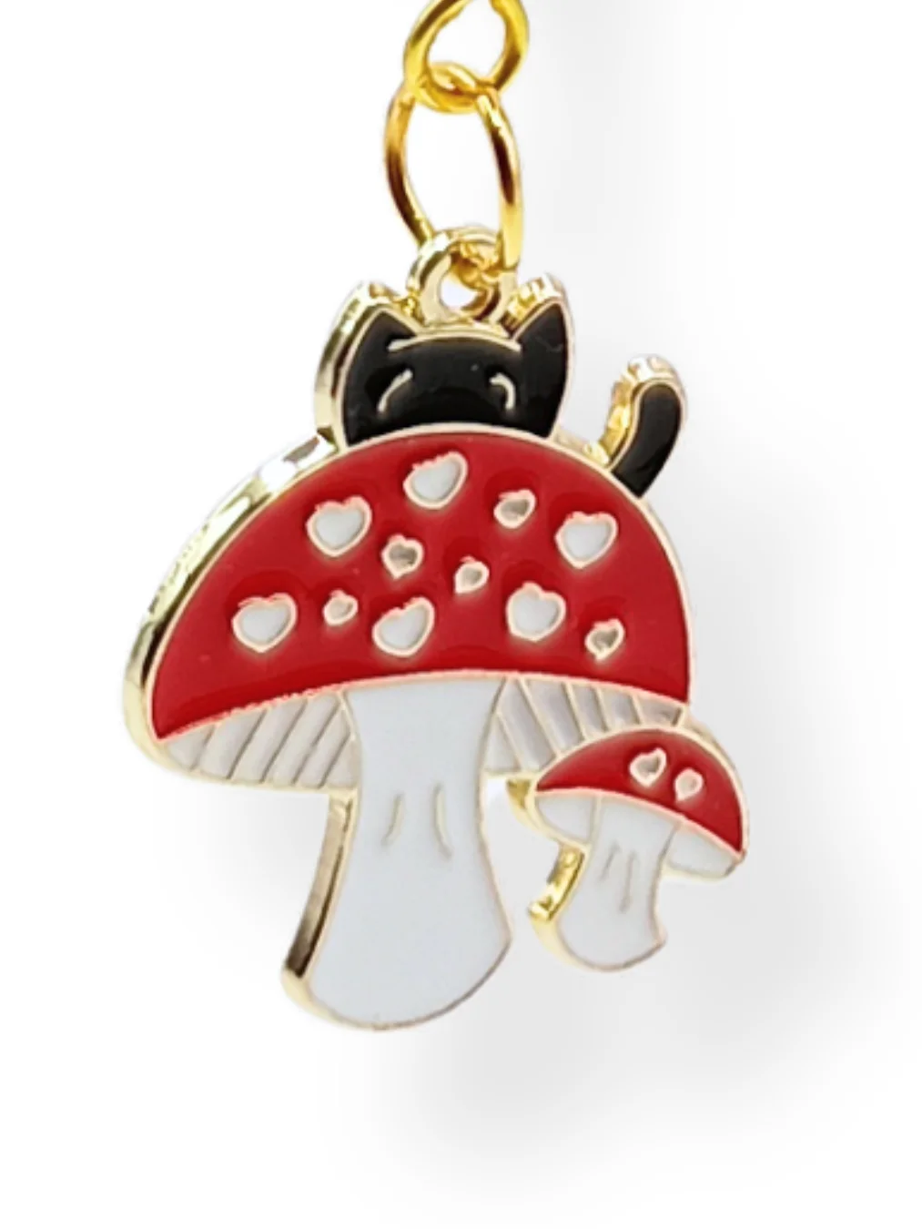 Black Cat & Mushroom Purse Charm | Carnelian & Peach Aventurine, Gold-Tone | "Happy Camper" product image (5)