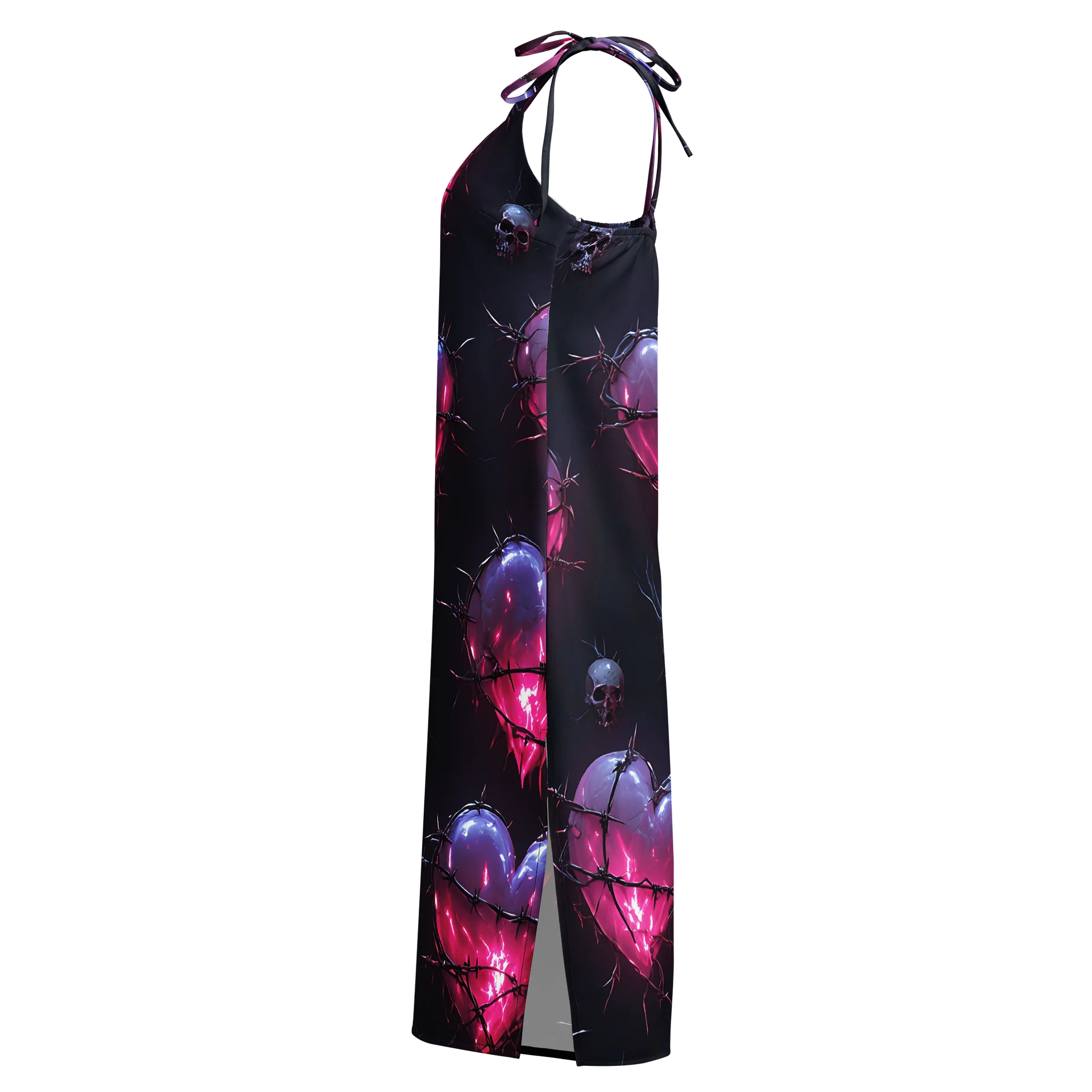 Neon Barbed Heart Skull Midi Slip Dress - Glow Pink Shattered Hearts Chiffon Halter Dress with Slit product image (3)