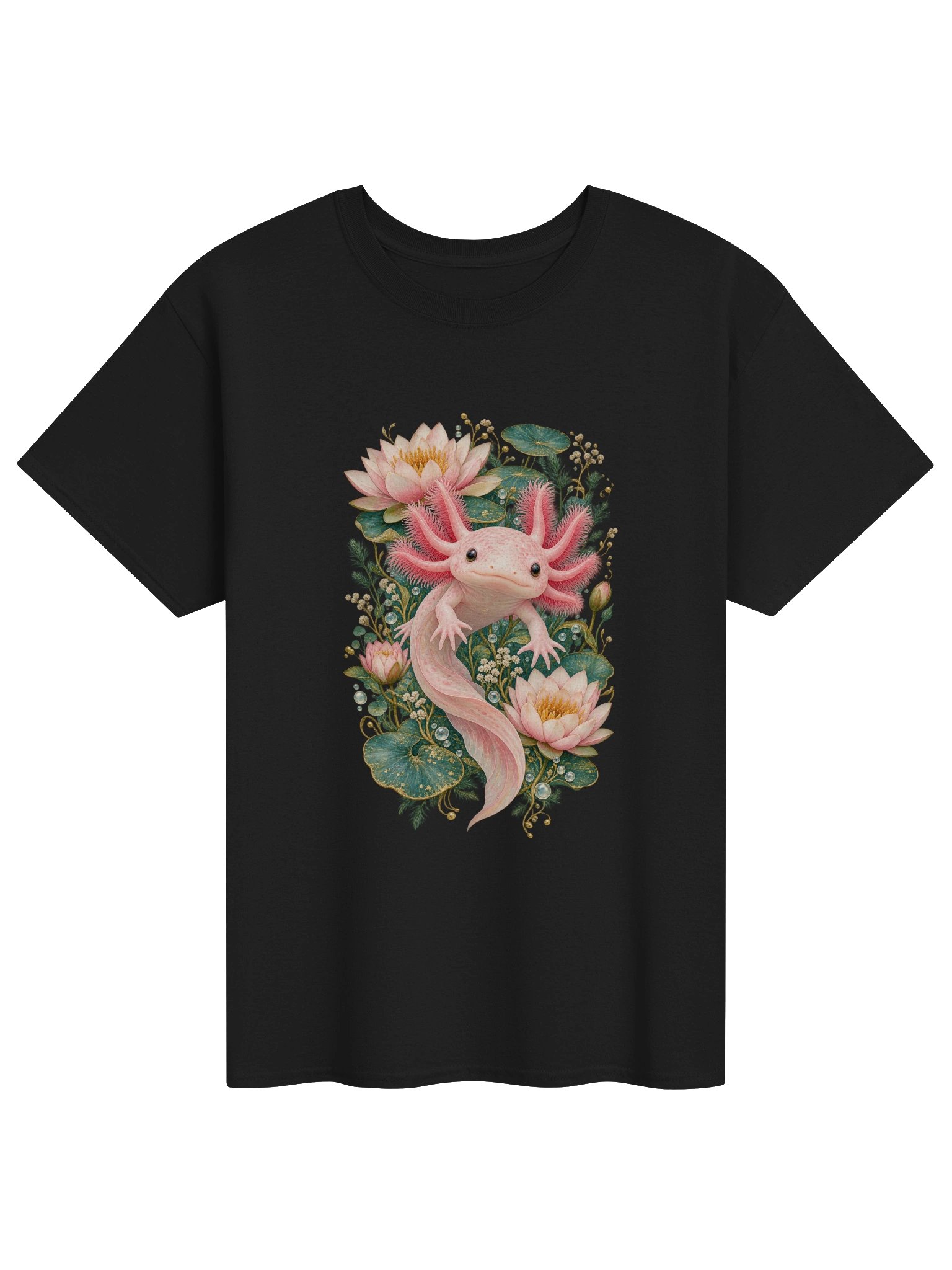 Pink Axolotl and Water Lilies Botanical T-Shirt product image (1)