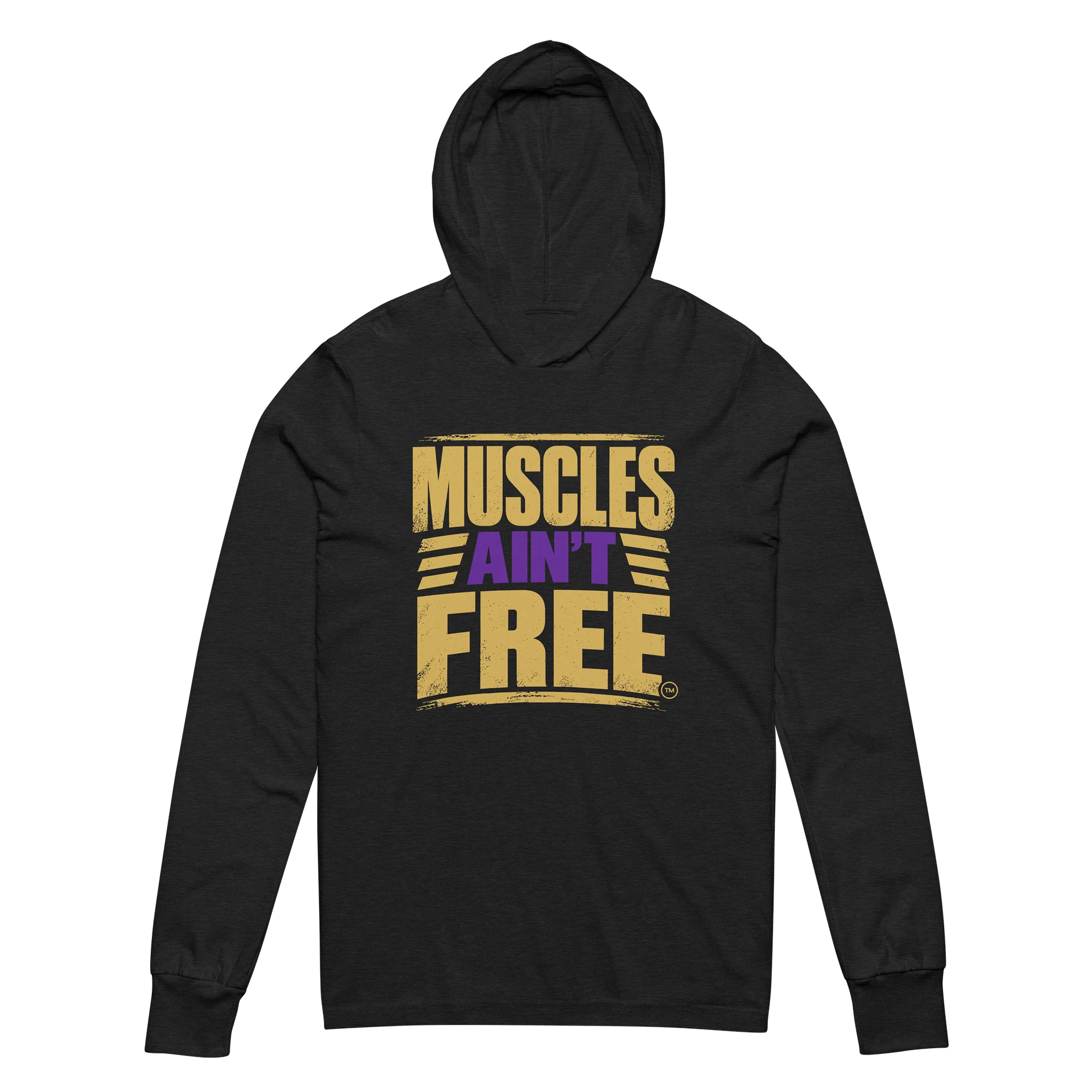 The "Muscles Ain't Free" Distressed Gold & Purple Lightweight Hooded Tee product image (2)