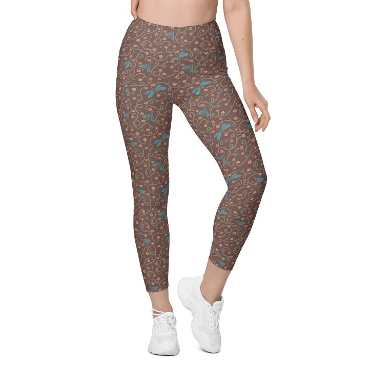 All-Over print leggings with pockets. Dragonfly and floral artistic activewear product image (1)