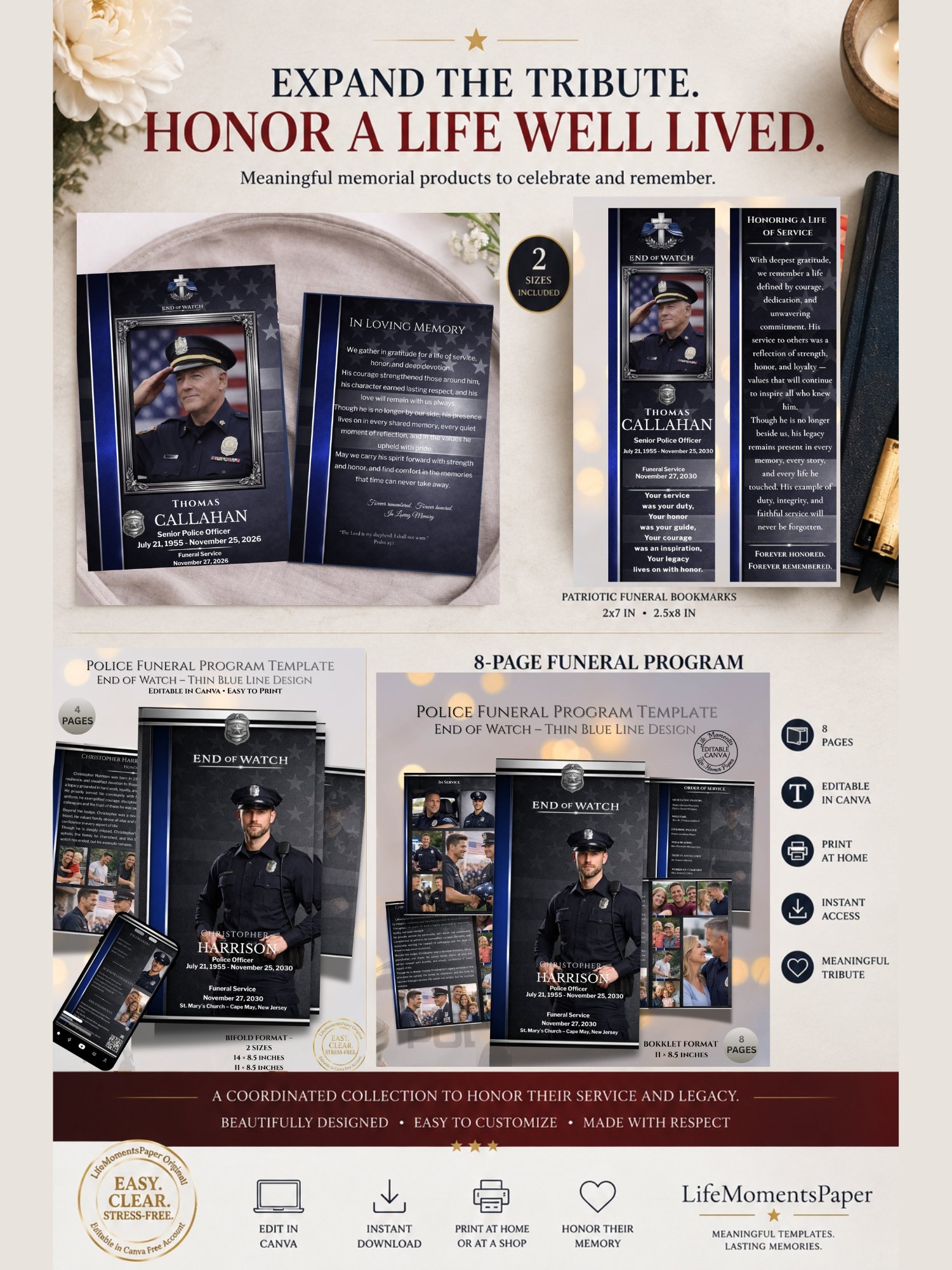 Police Funeral Program Template for Canva | Thin Blue Line 8-Page Obituary 11x8.5 Editable Memorial product image (5)