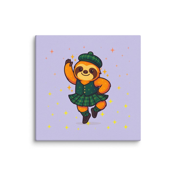 Highland Dance Sloth Mini Canvas – Cute Green Tartan Scottish Sloth Wall Art for Dancers, Teachers, and Sparkly Decor Fans (6x6") product image (1)