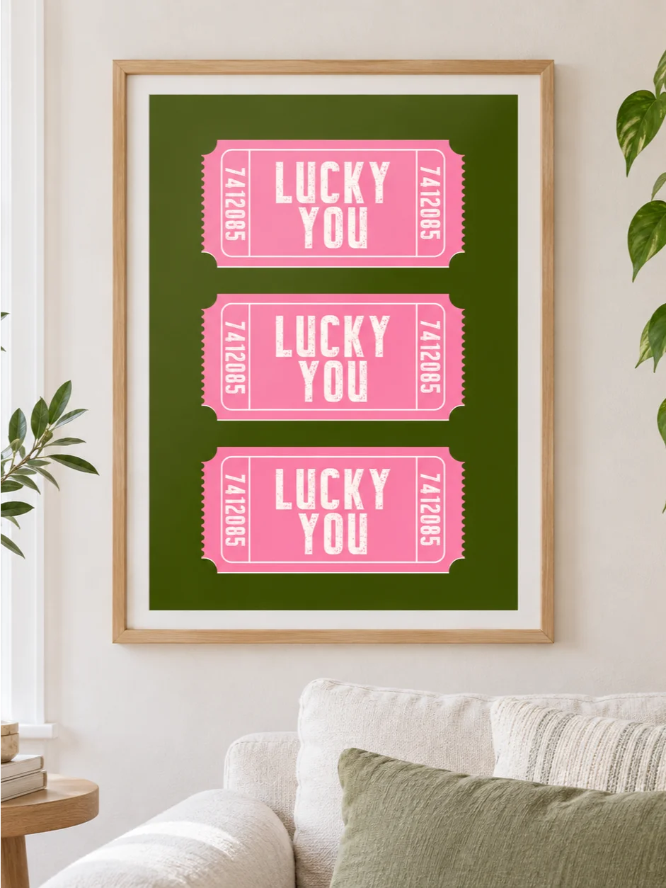 Lucky You Poster, Pink Green Ticket Wall Art, Retro Typography Print, Funky Dopamine Decor, Bright Printable Bedroom Art, Gallery Wall Print product image (2)