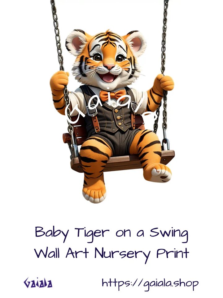 Baby Tiger Playing on a Swing Kid Nursery Print Child Wall Art product image (1)