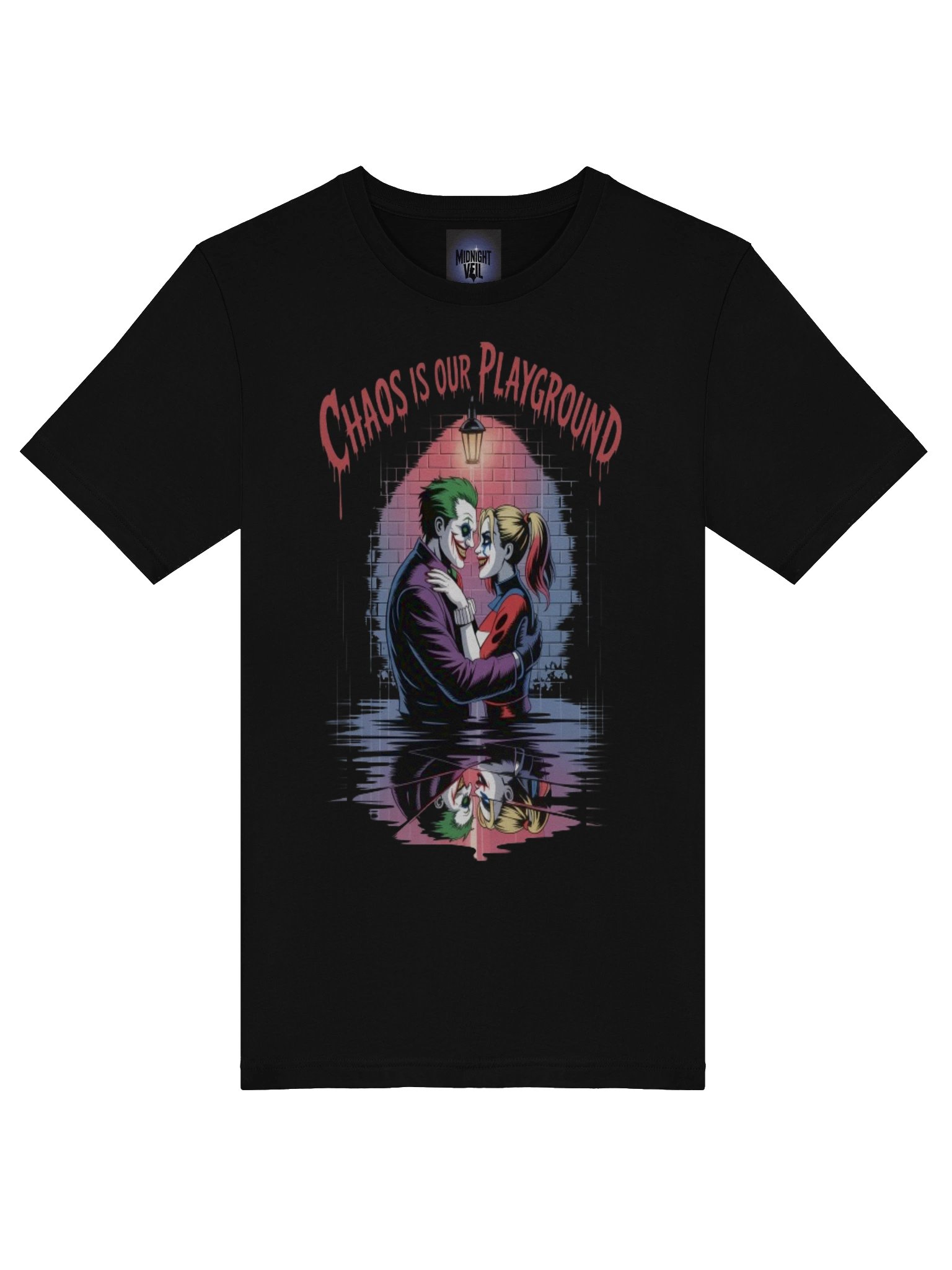 Chaos is Our Playground: Joker & Harley Quinn's Sinister Embrace Graphic Tee product image (7)