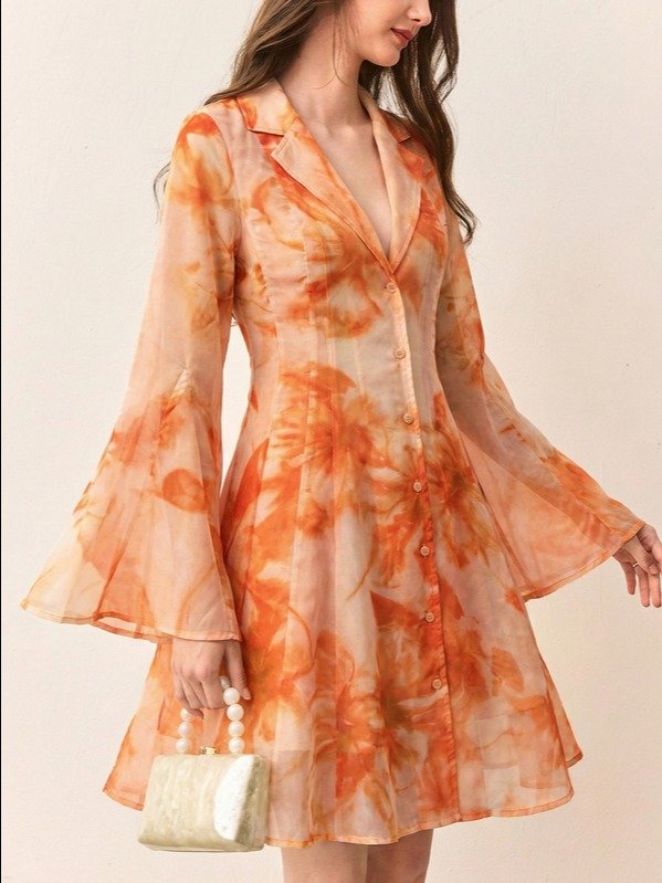 BELROSIE Tie Dye Floral Print Chiffon Collared A-Line Short Dress Dinner Brunch Vacation Garden Party Tea Party Tea Date Birthday Autumn Elegant Romantic product image (6)