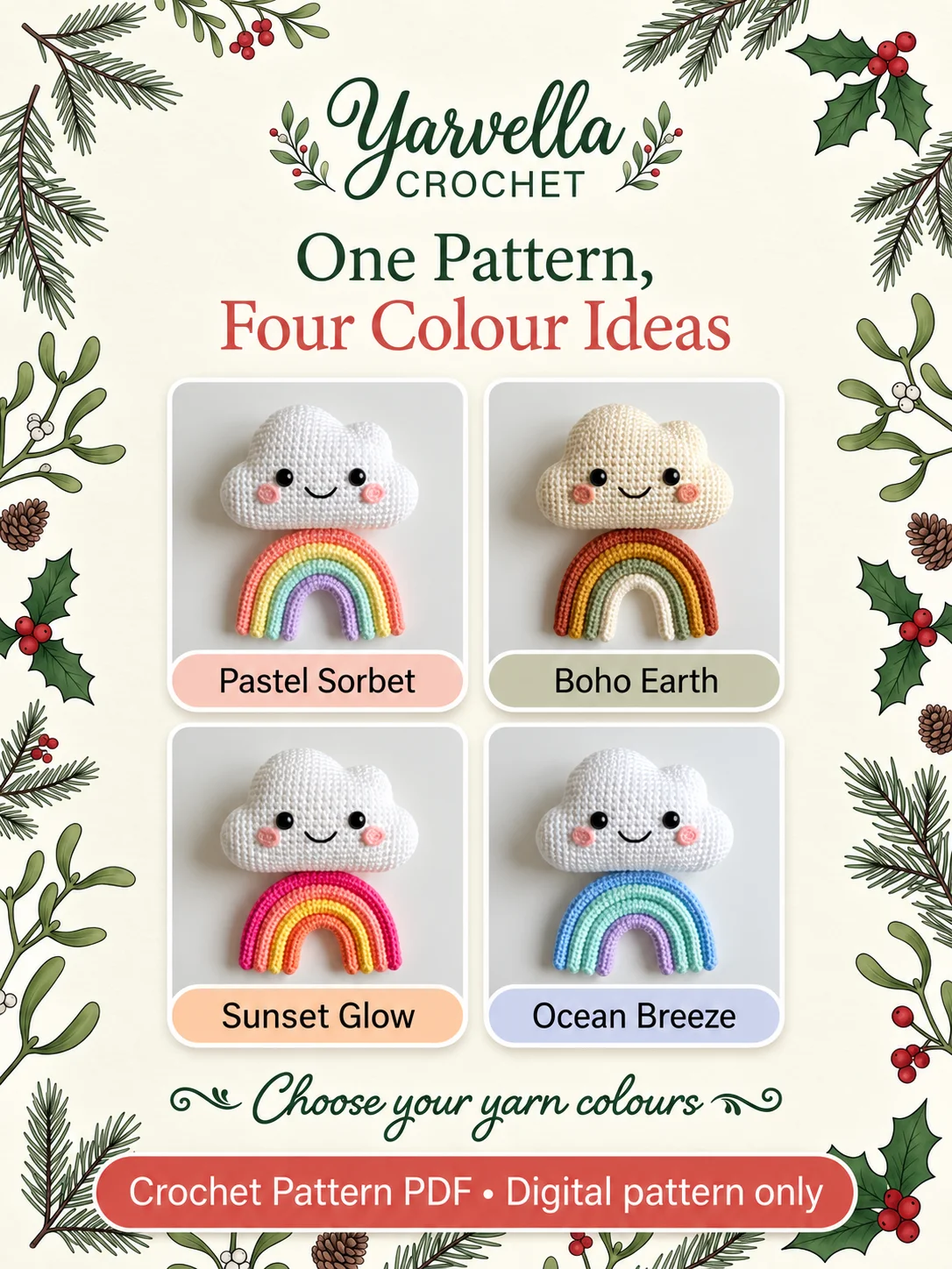 Kawaii Cloud & Rainbow Crochet Pattern PDF – Car Mirror Hanging Charm product image (4)