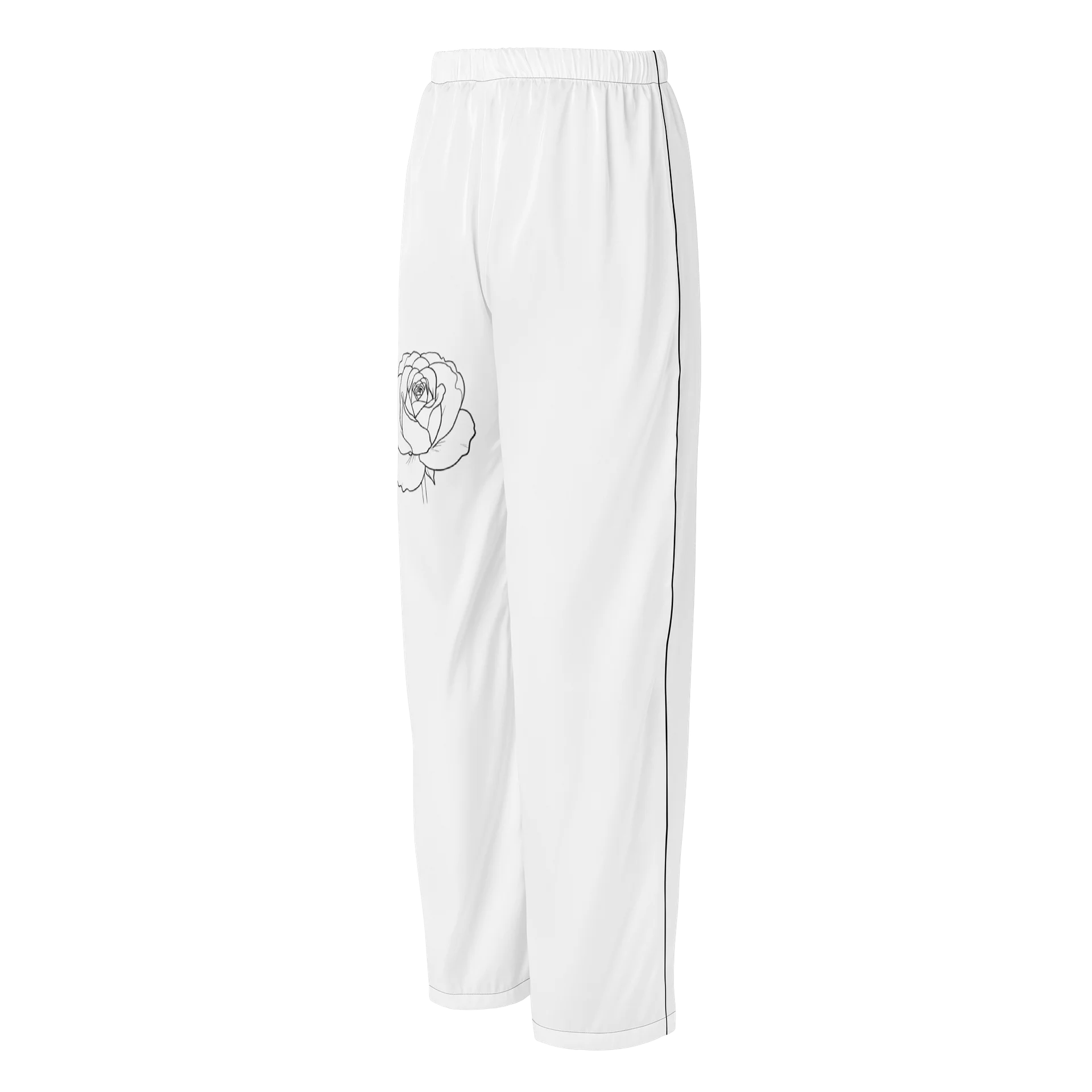 White Rose Print Satin Pyjama Trousers – Luxury Wide Leg Lounge Pants with Black Piping & Floral Detail product image (2)