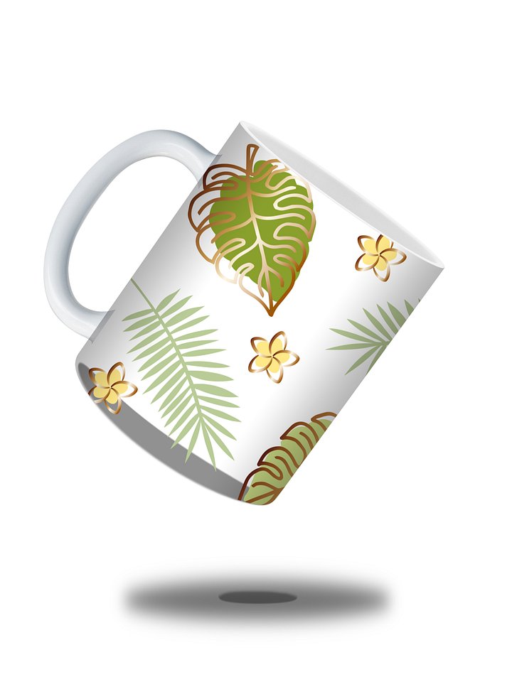 (Gold Border) Tropical Leaves and Flowers 11oz Coffee Mug – Nature-Inspired Ceramic Cup with Monstera and Floral Design – Perfect Gift for Plant Lovers product image (2)