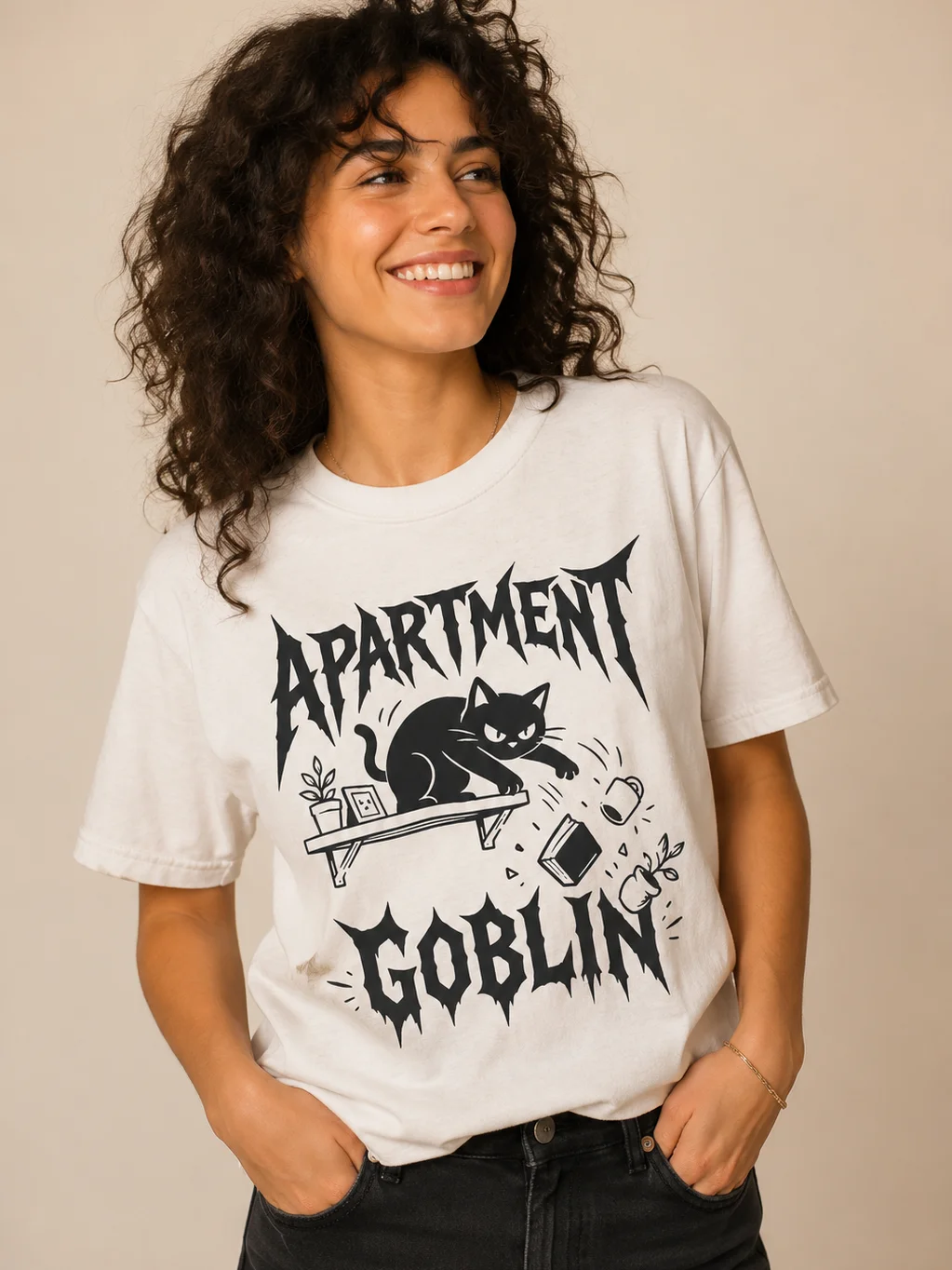 Apartment Goblin Cat T-Shirt | Funny Black Cat Chaos Tee for Cat Lovers product image (1)