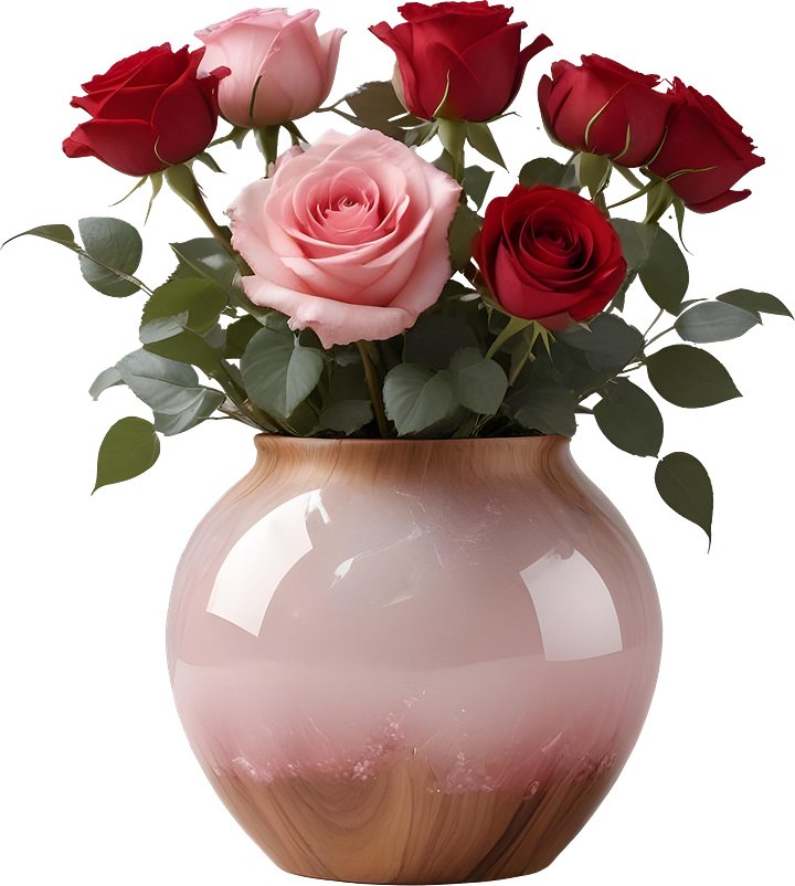 Pink Gradient Wood Vase with Red and Blush Roses PNG product image (1)