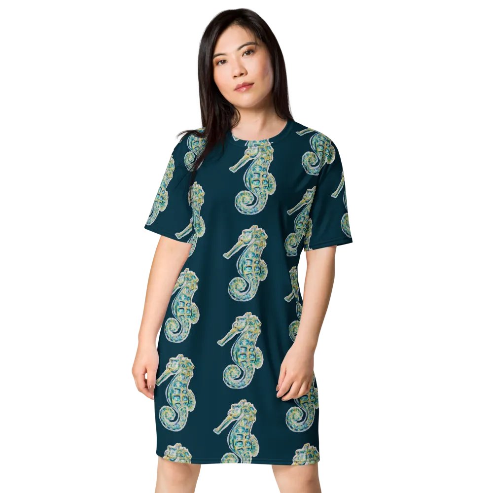 Ocean Majesty | Painted Seahorse | T-Shirt Dress | Coastal Oversized Dress | Ocean-Inspired Casual Style | Blue Whale Background product image (6)