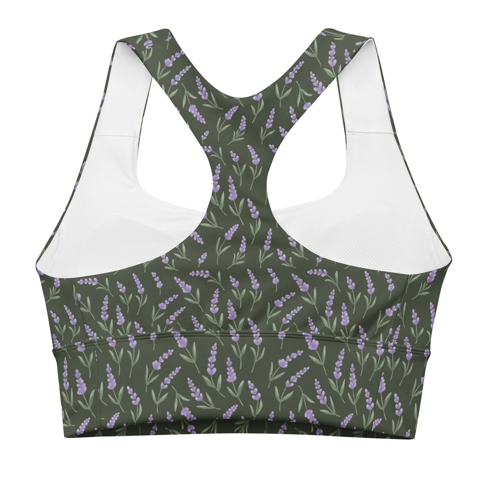 All-Over print recycled longline sports bra with lavender pattern on green background product image (4)