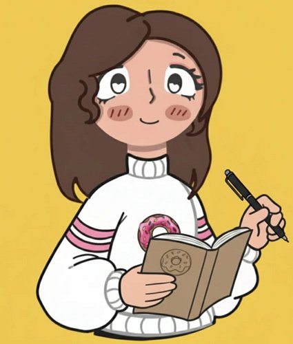 My illustrated alter ego: pen in hand, notebook at the ready, and a donut on my heart.
A little portrait of me: sweet, curiou...