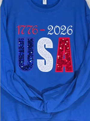 USA 1776 Gray Patriotic America 4th of July Blue Crewneck Embroidery Applique Sequin product image (2)