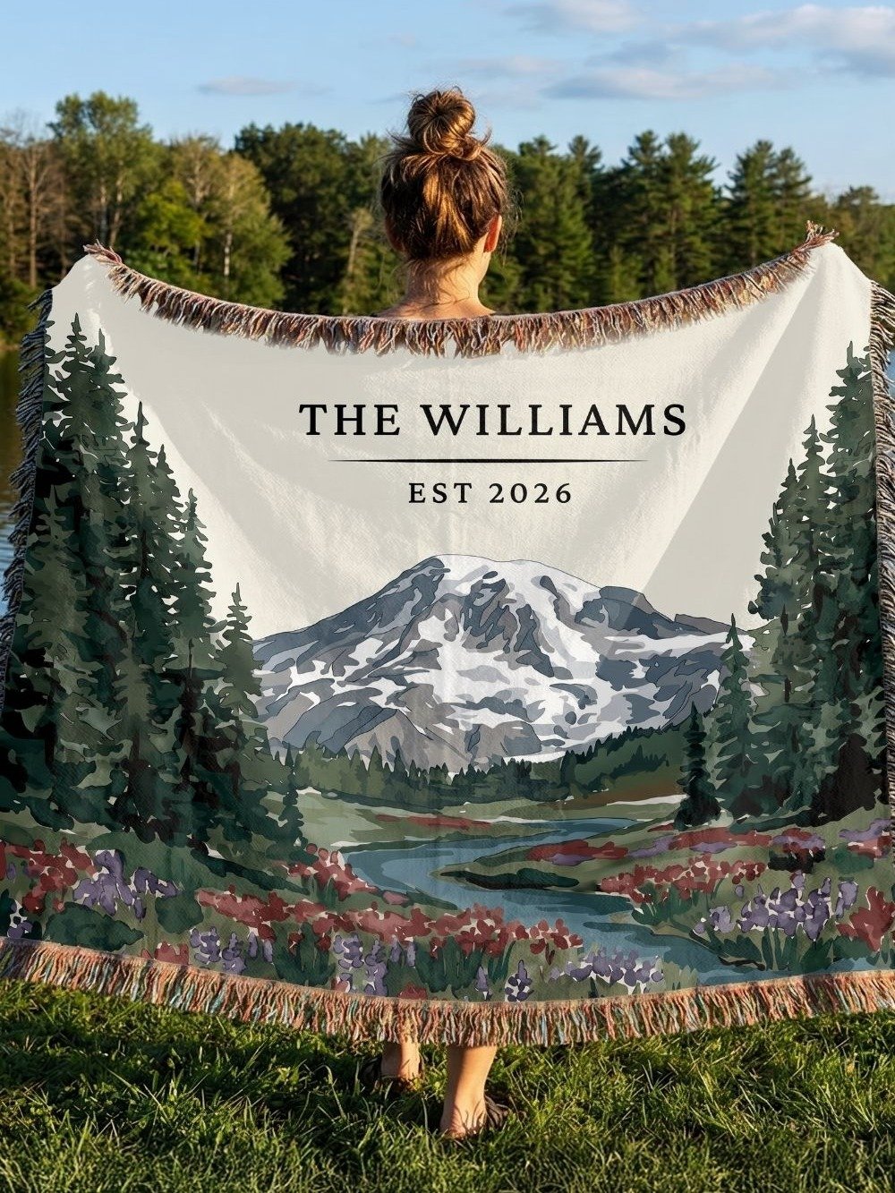 Personalized Mountain Landscape Woven Blanket | Custom Family Name Throw product image (1)