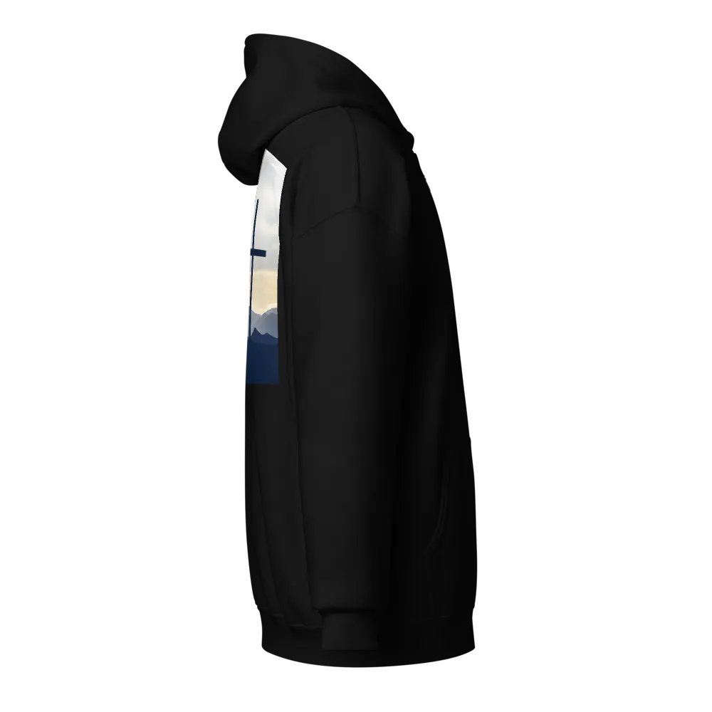 A cross standing against a serene landscape of rolling hills and distant mountains under a soft, cloudy sky Hoodie product image (4)