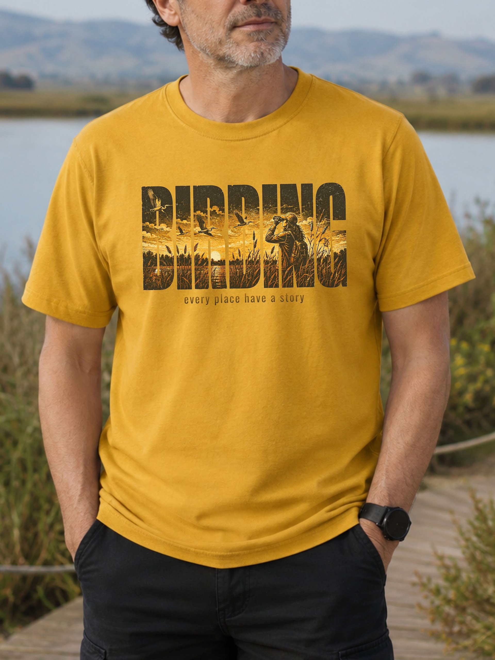 Birding Sunset T-Shirt – Scenic Nature Graphic Tee & Binoculars Shirt product image (6)