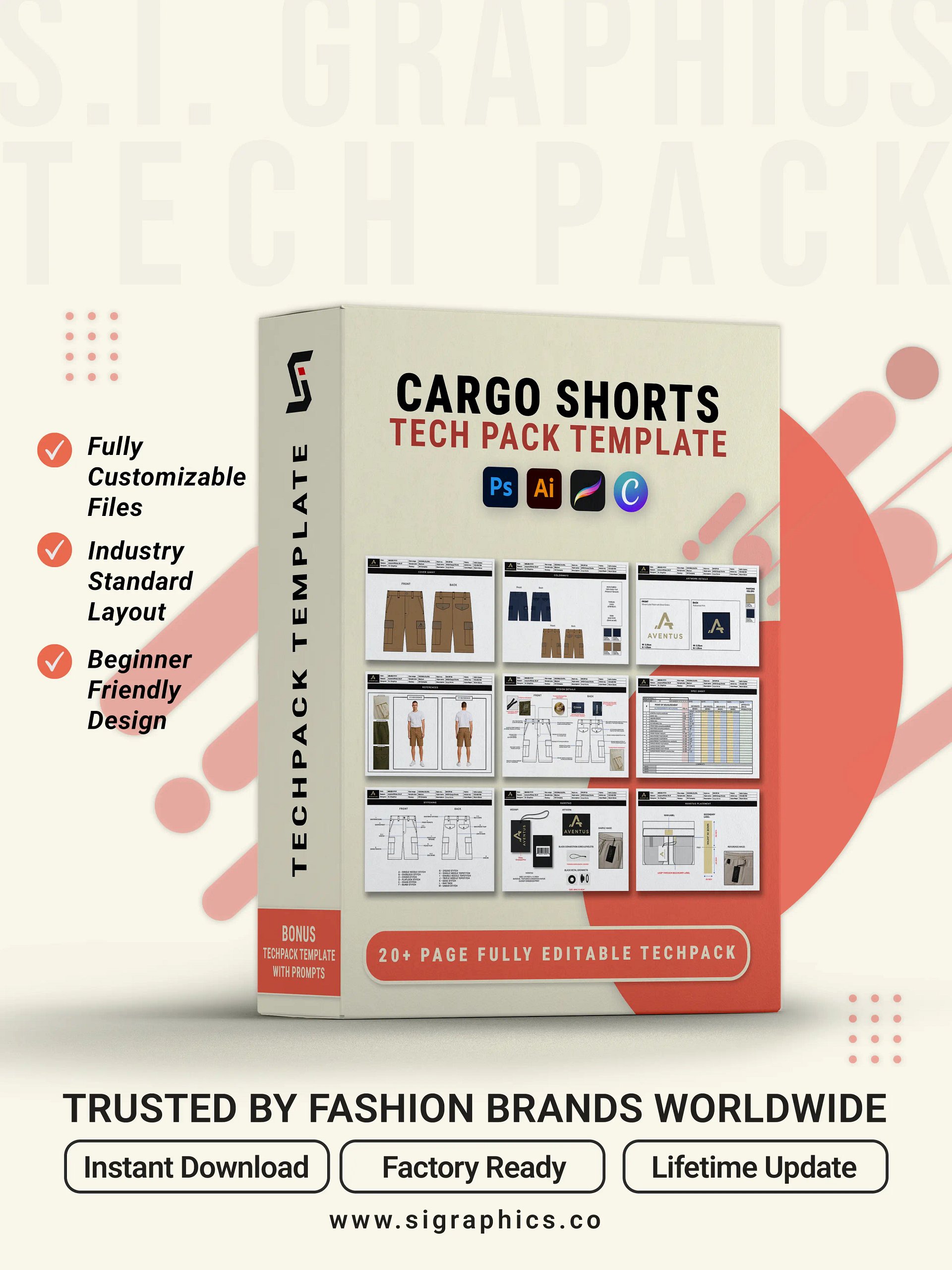 Cargo Shorts Tech Pack Template – Editable AI File product image (1)