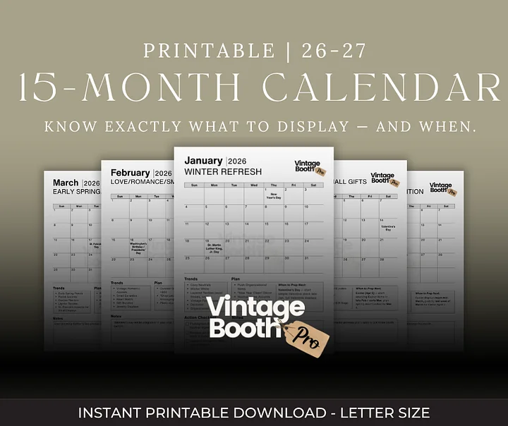 15-Month Vintage Booth Owner Calendar | Printable Vendor Planner | Antique Booth Seller Planner | Seasonal Trends | Digital Download PDF product image (1)