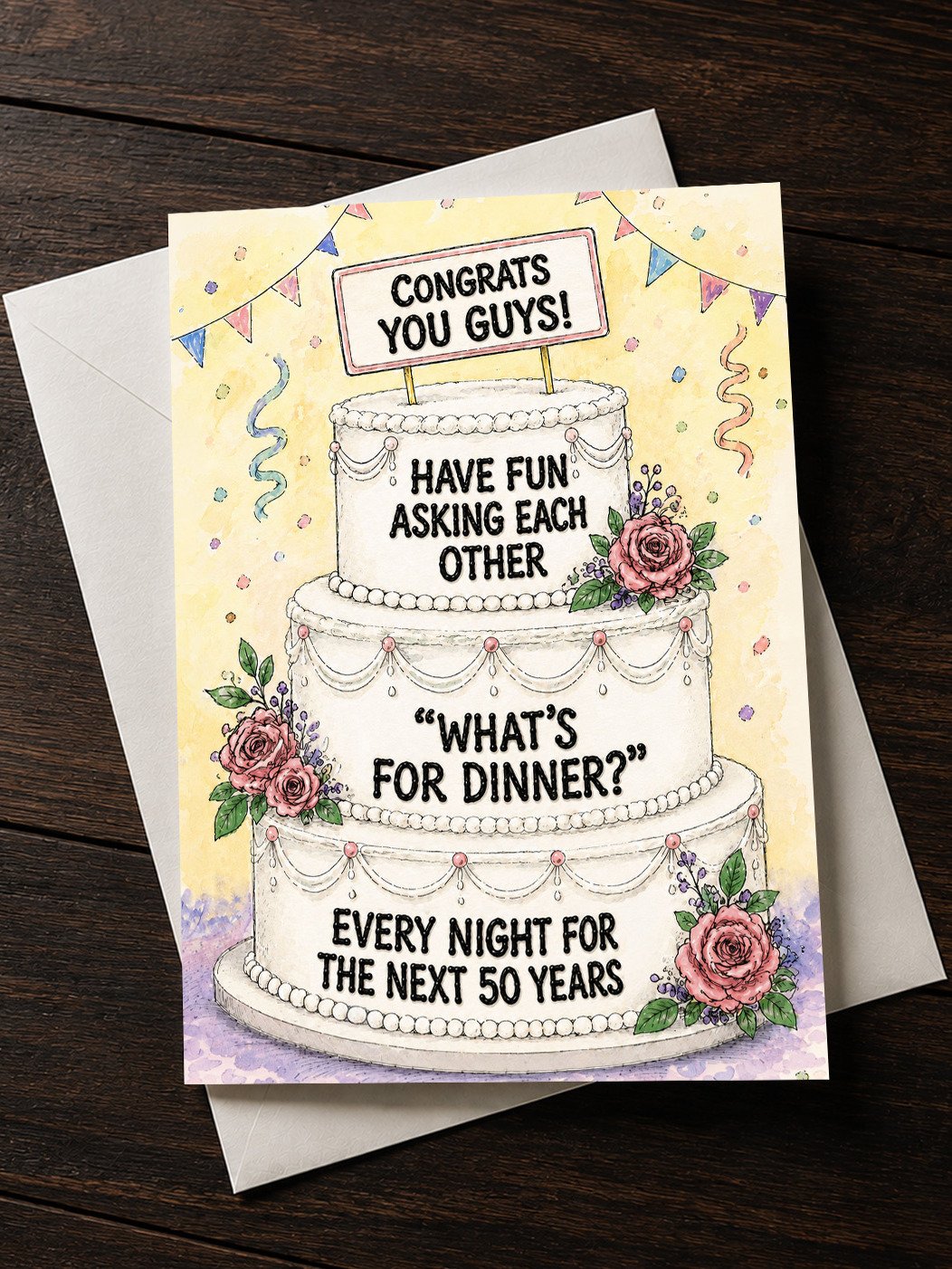 FUNNY WEDDING/ENGAGEMENT CARD: Congrats You Guys, What's For Dinner? Married Life / Newlyweds Joke product image (1)