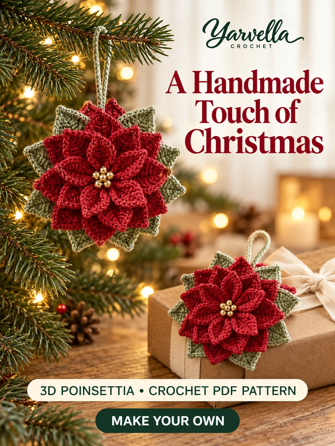 3D Christmas Poinsettia Ornament Crochet Pattern PDF – Holiday Tree Decor product image (1)