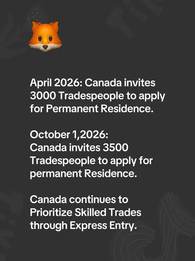 April 2026: Canada invites 3000 Tradespeople to apply for Permanent Residence.  October 1,2026:  Canada invites 3500 Tradespeople to apply for permanent Residence.  Canada continues to Prioritize Skilled Trades through Express Entry.