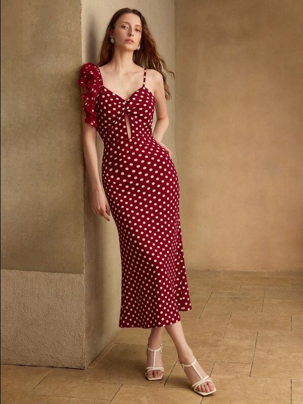 MOTF PREMIUM FASHIONABLE POLKA DOT MIDI DRESS FOR WOMEN product image (1)