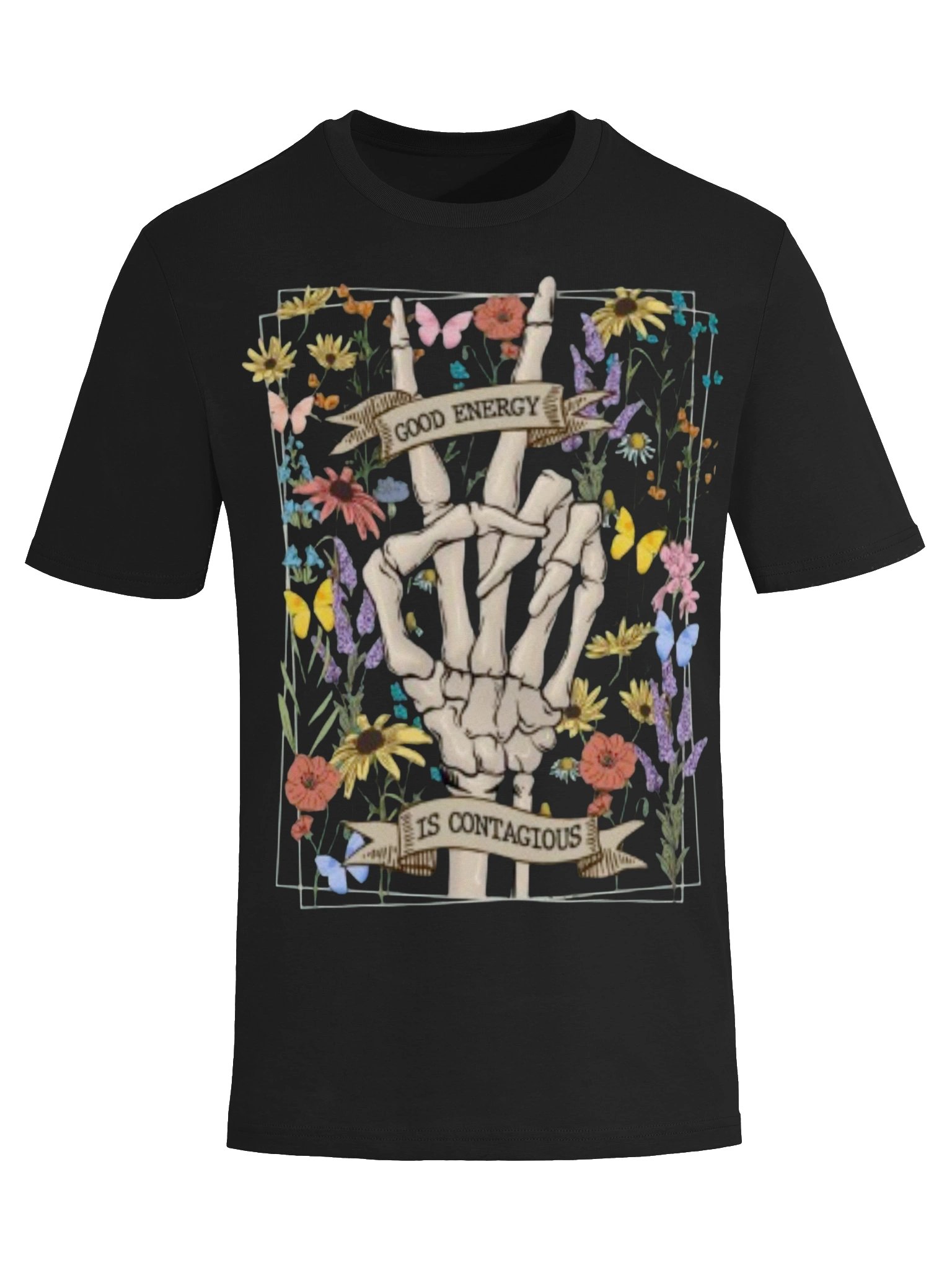 Good Energy Is Contagious T-Shirt – Skeleton Peace Sign Floral Tee | Positive Vibes product image (5)