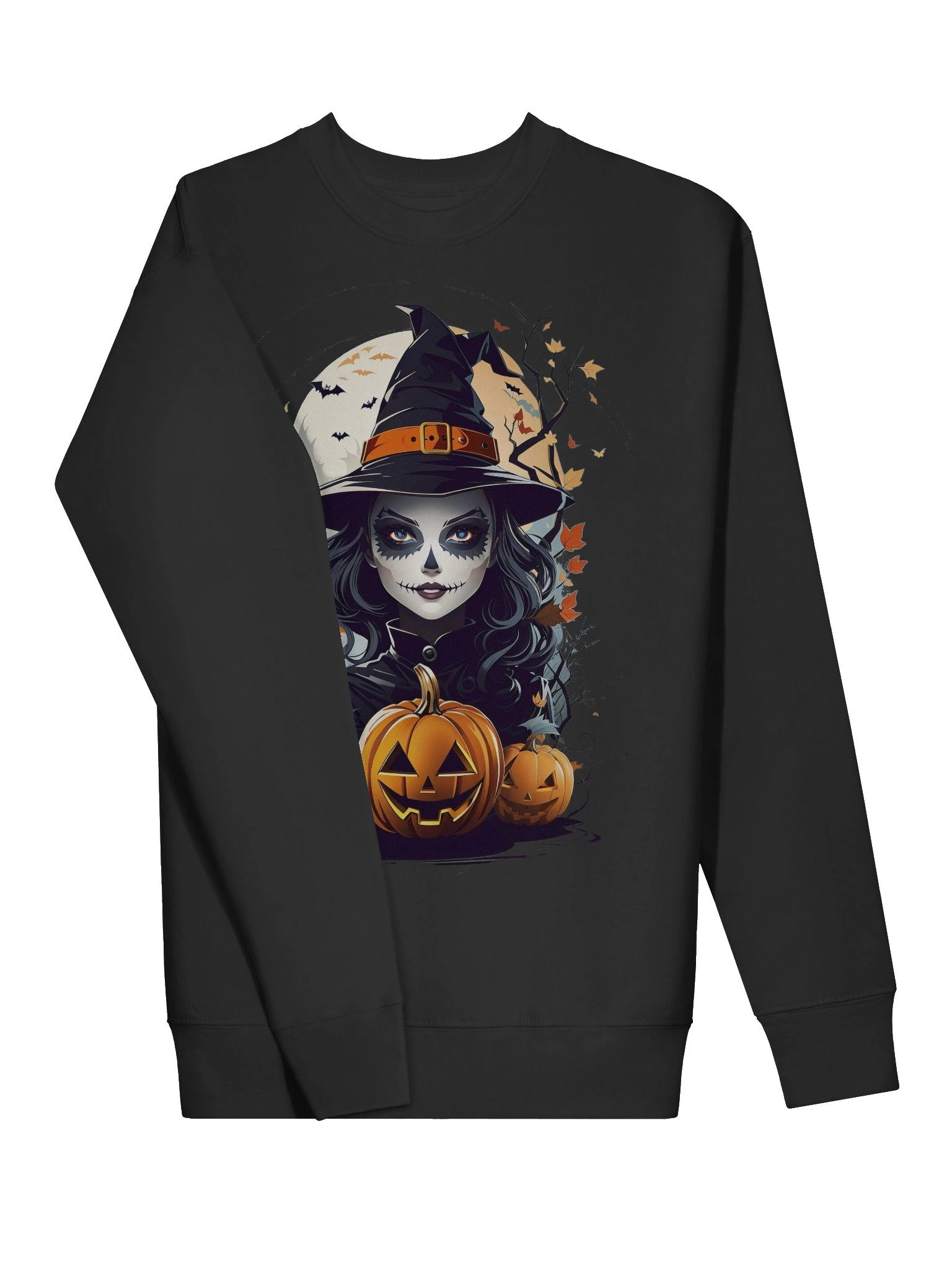 Witch and Pumpkins Sweatshirt – Gothic Halloween Pullover, Spooky Witch & Jack-o’-Lanterns Sweater product image (3)