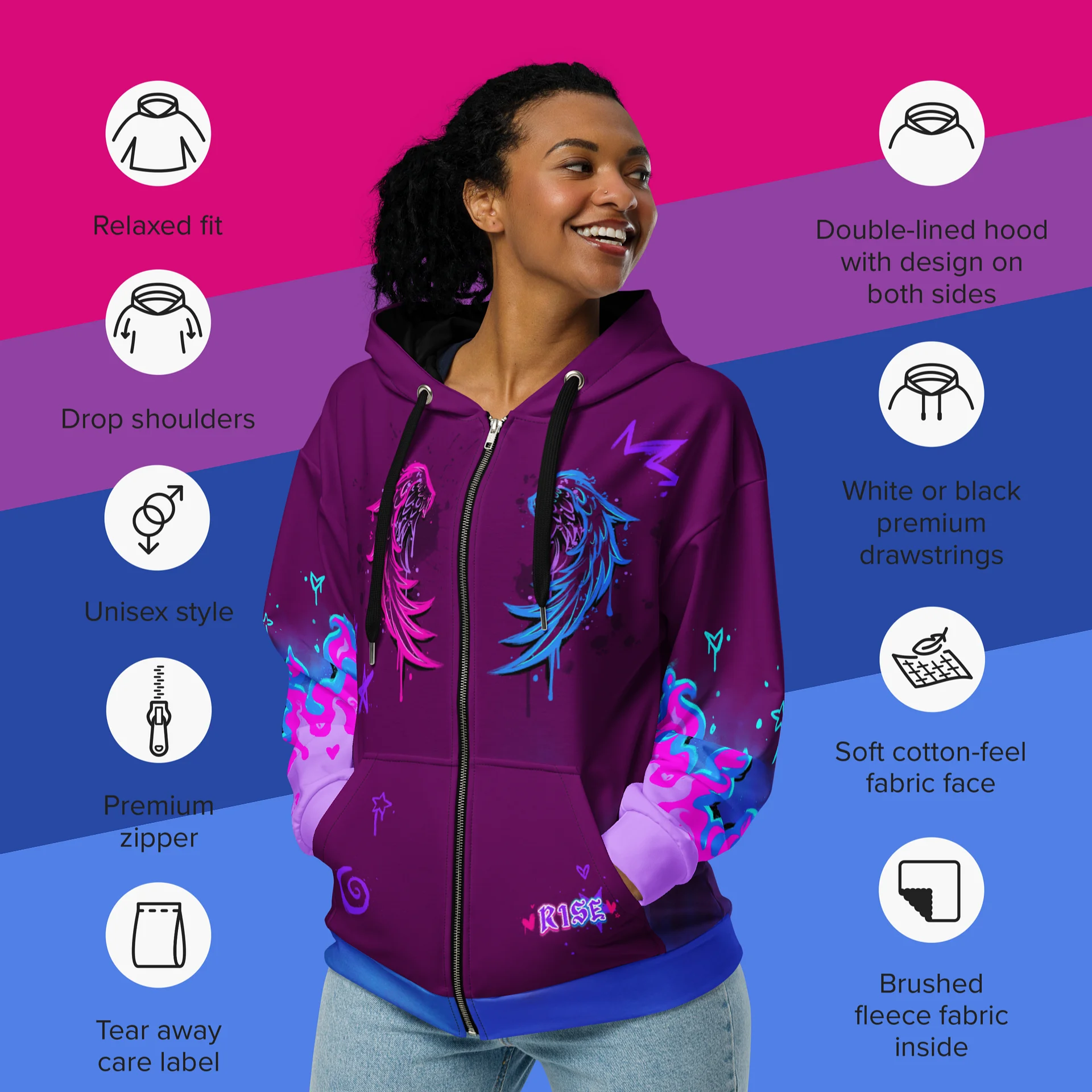 RISE Collection: Subtle Bisexual Pride Phoenix Zip Hoodie - PURPLE product image (5)