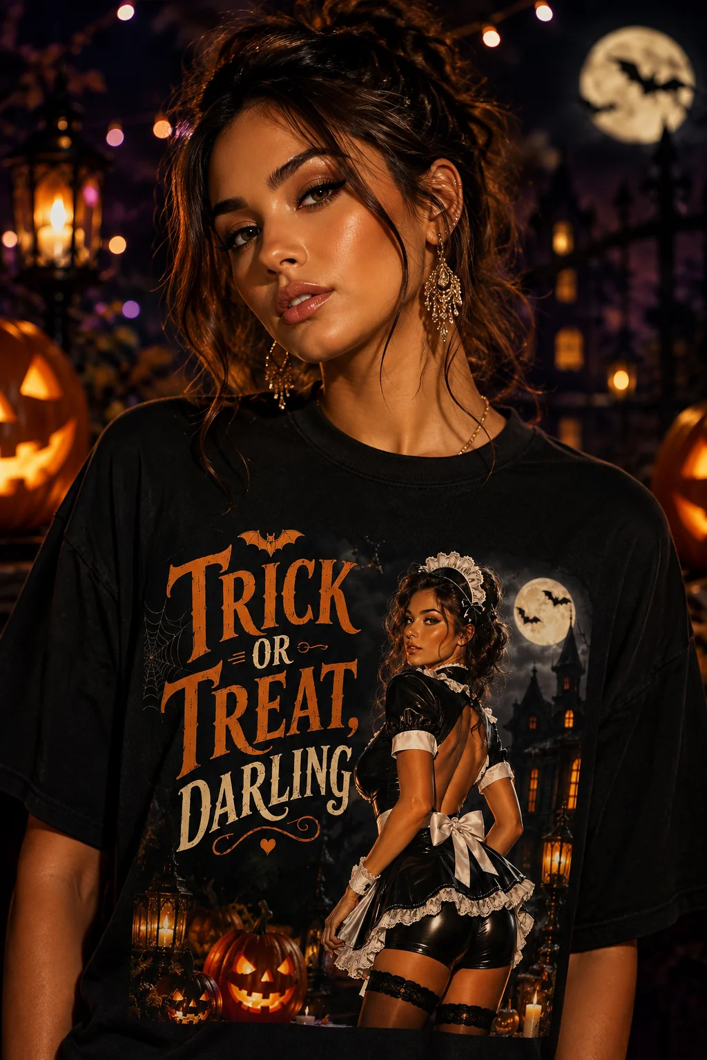 Trick or Treat Darling Gothic Halloween T-Shirt | Spooky Pin-Up Halloween Tee product image (1)