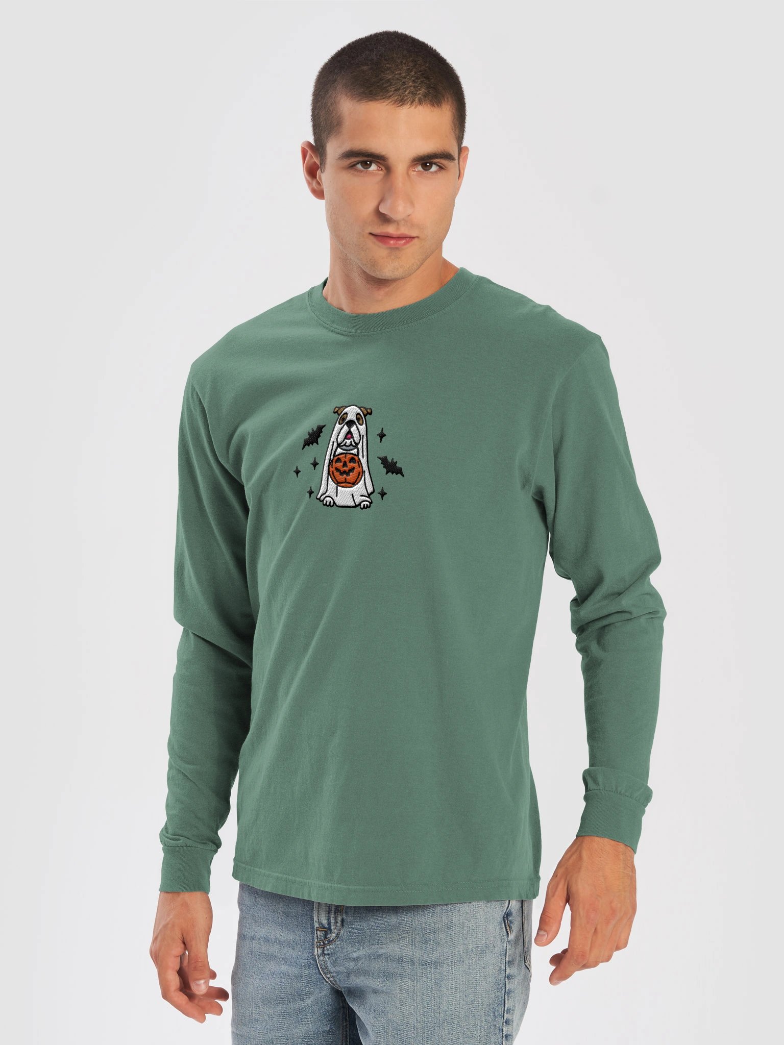 Halloween English Bulldog(Brown & White) Embroidered Long-Sleeve T-Shirt product image (29)
