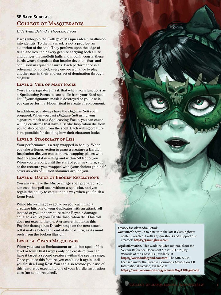 College of Masquerades | 5.5E Bard Subclass product image (2)
