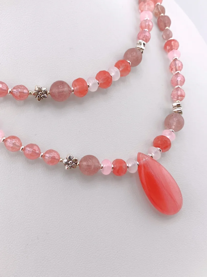 Cherry and Strawberry Quartz Two-Strand Beaded Pendant Necklace Set product image (3)